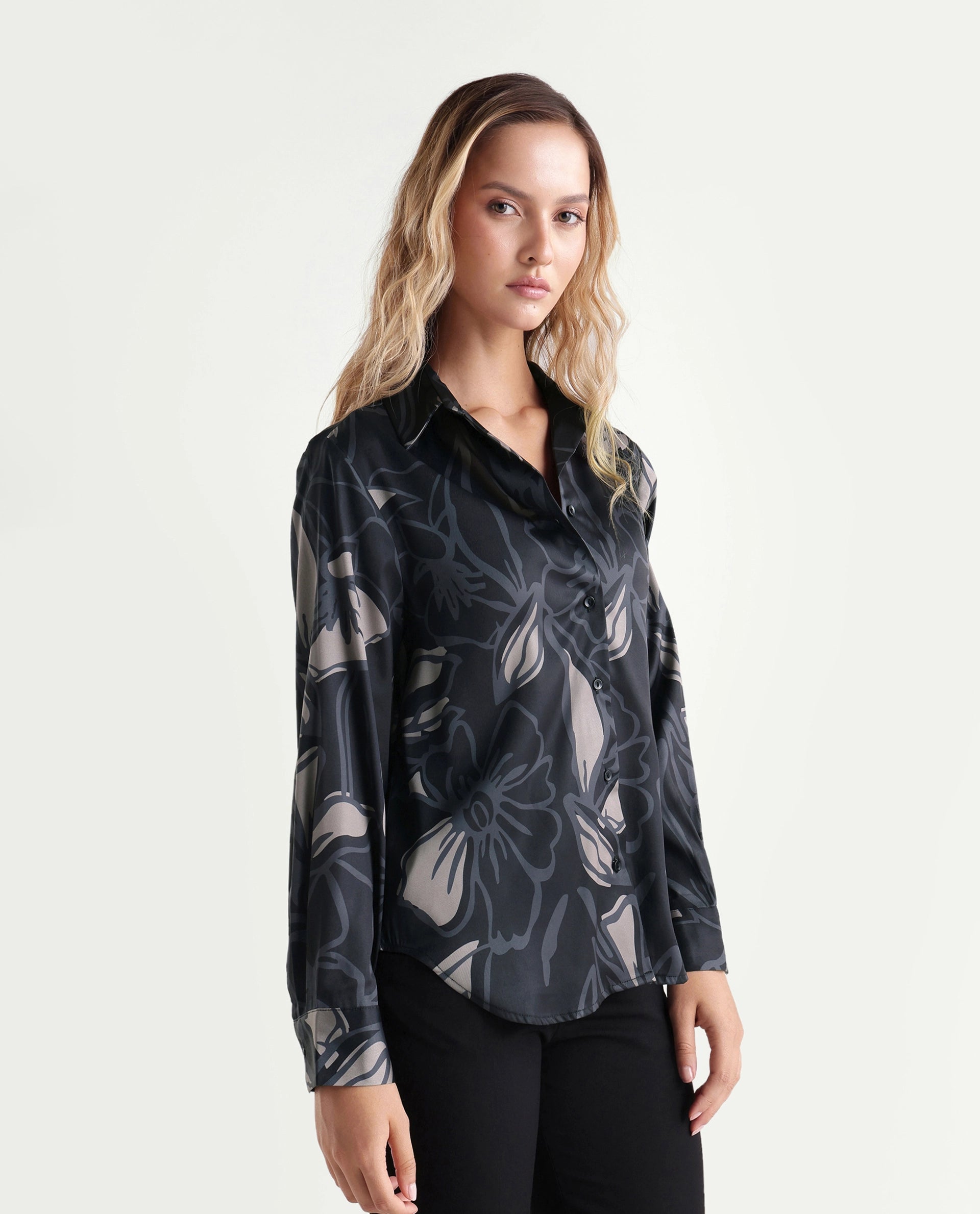Rareism Women's Satino Black Abstract Satin Regular Long Sleeve Shirt