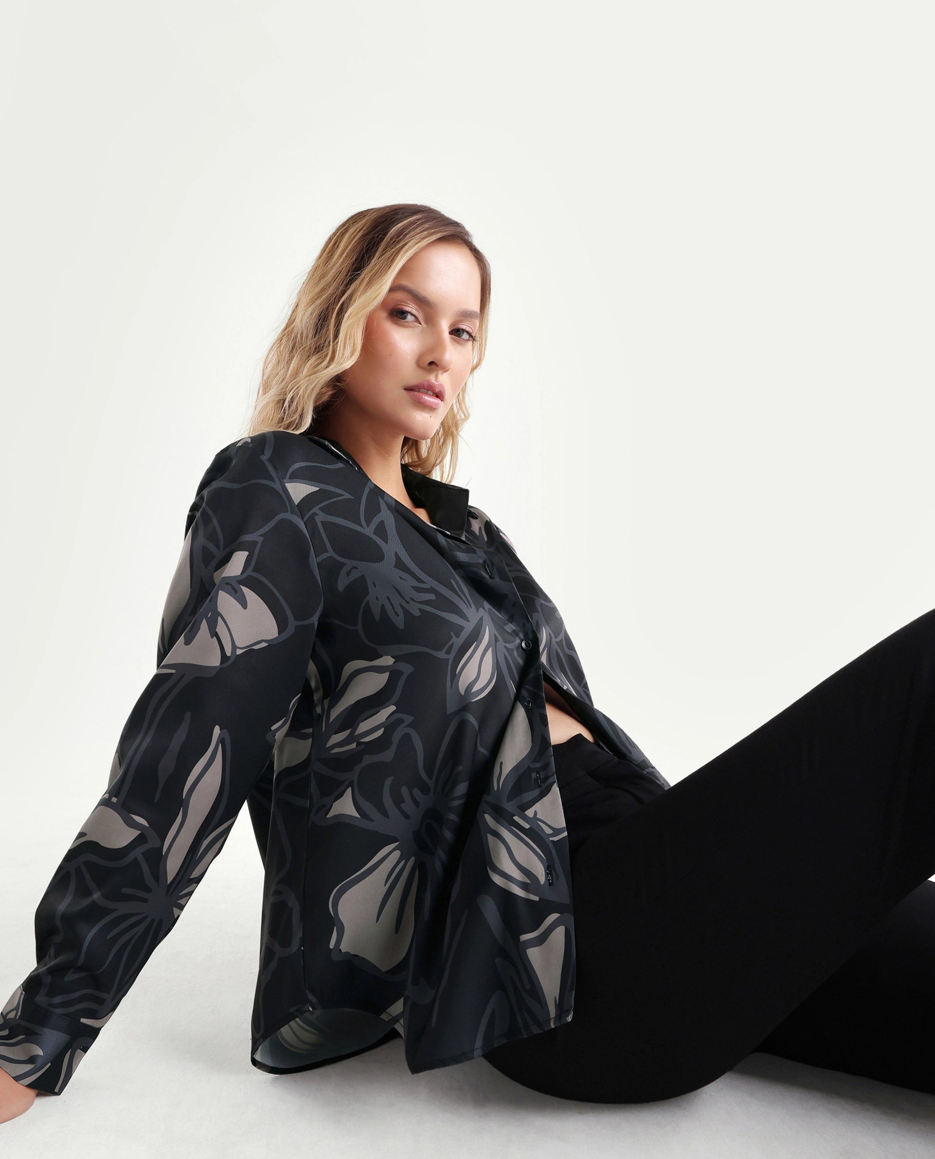 Rareism Women's Satino Black Abstract Satin Regular Long Sleeve Shirt