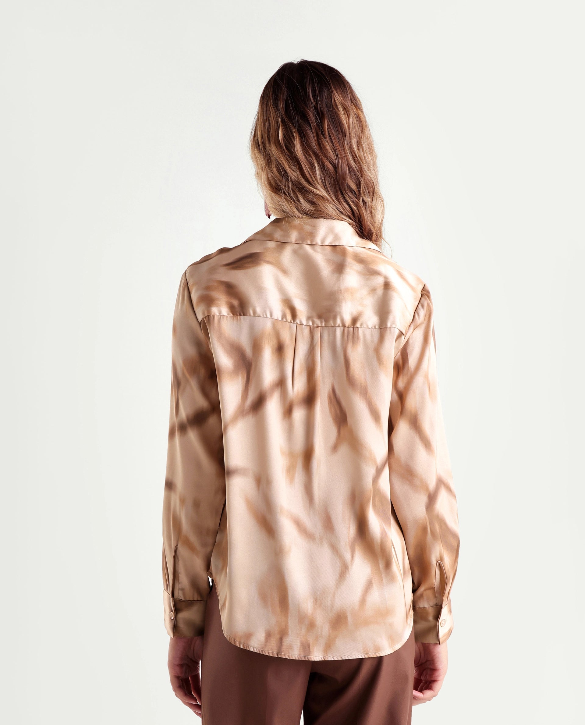 Rareism Women's Satino Dark Beige Abstract Polyester Regular Long Sleeves Shirt
