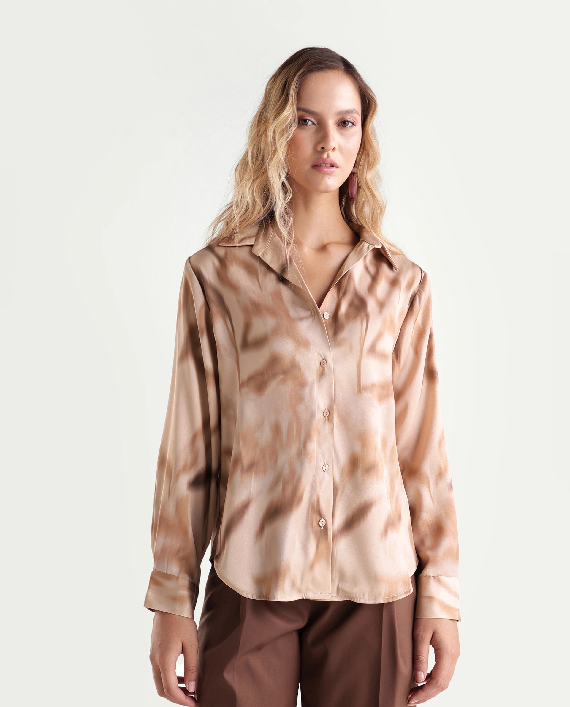 Rareism Women's Satino Dark Beige Abstract Polyester Regular Long Sleeves Shirt