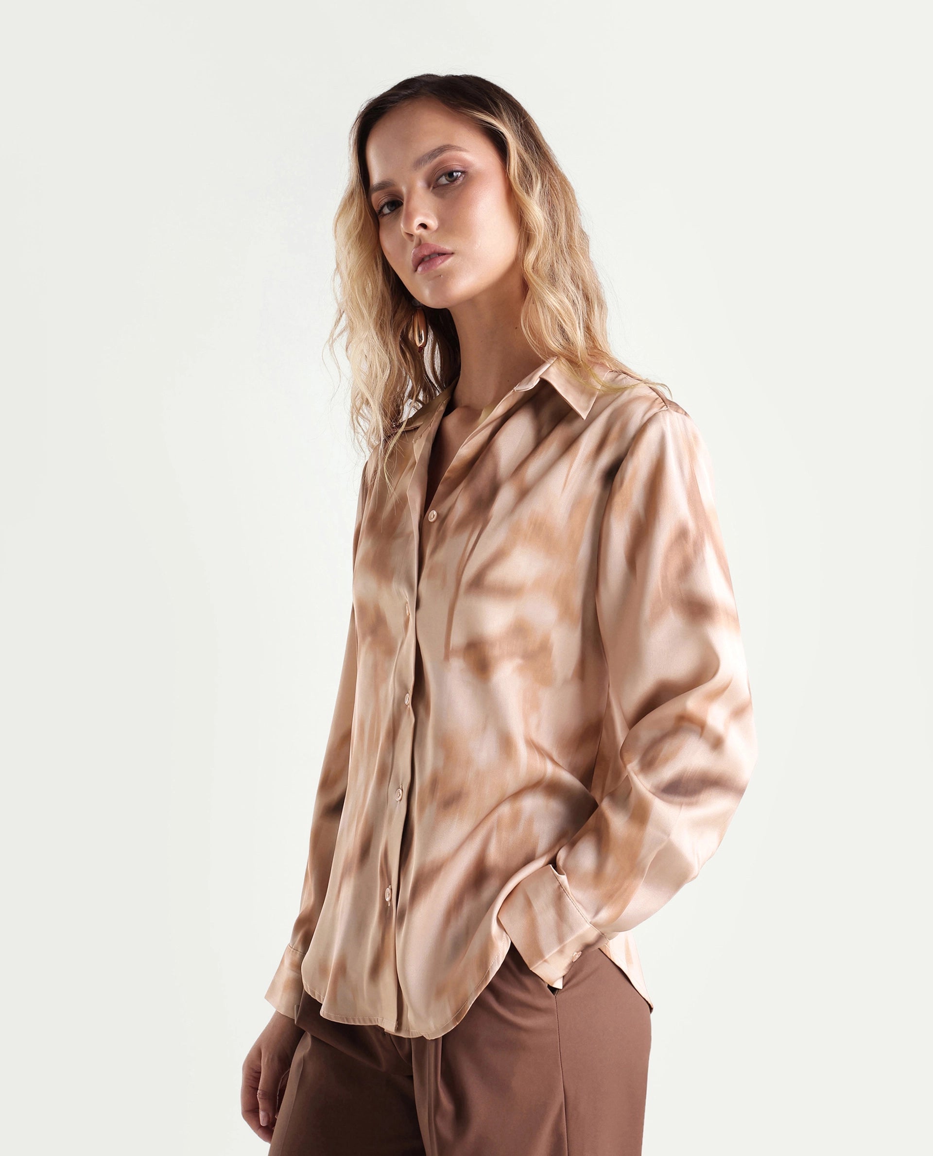 Rareism Women's Satino Dark Beige Abstract Polyester Regular Long Sleeves Shirt