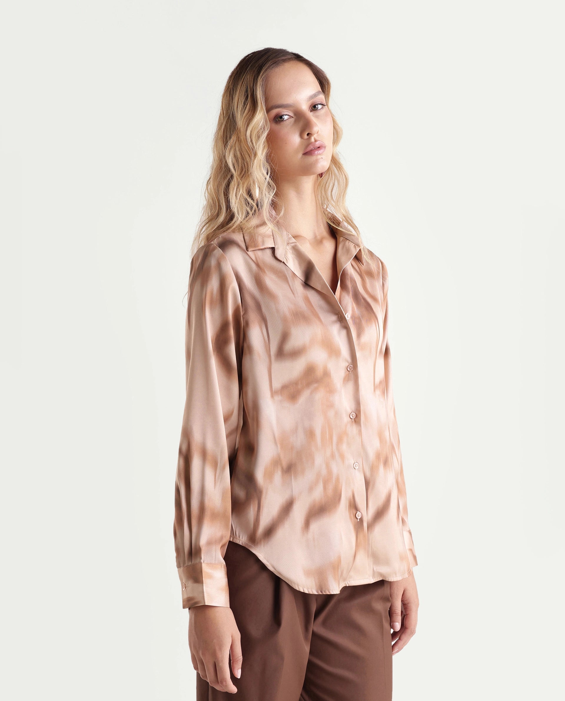 Rareism Women's Satino Dark Beige Abstract Polyester Regular Long Sleeves Shirt