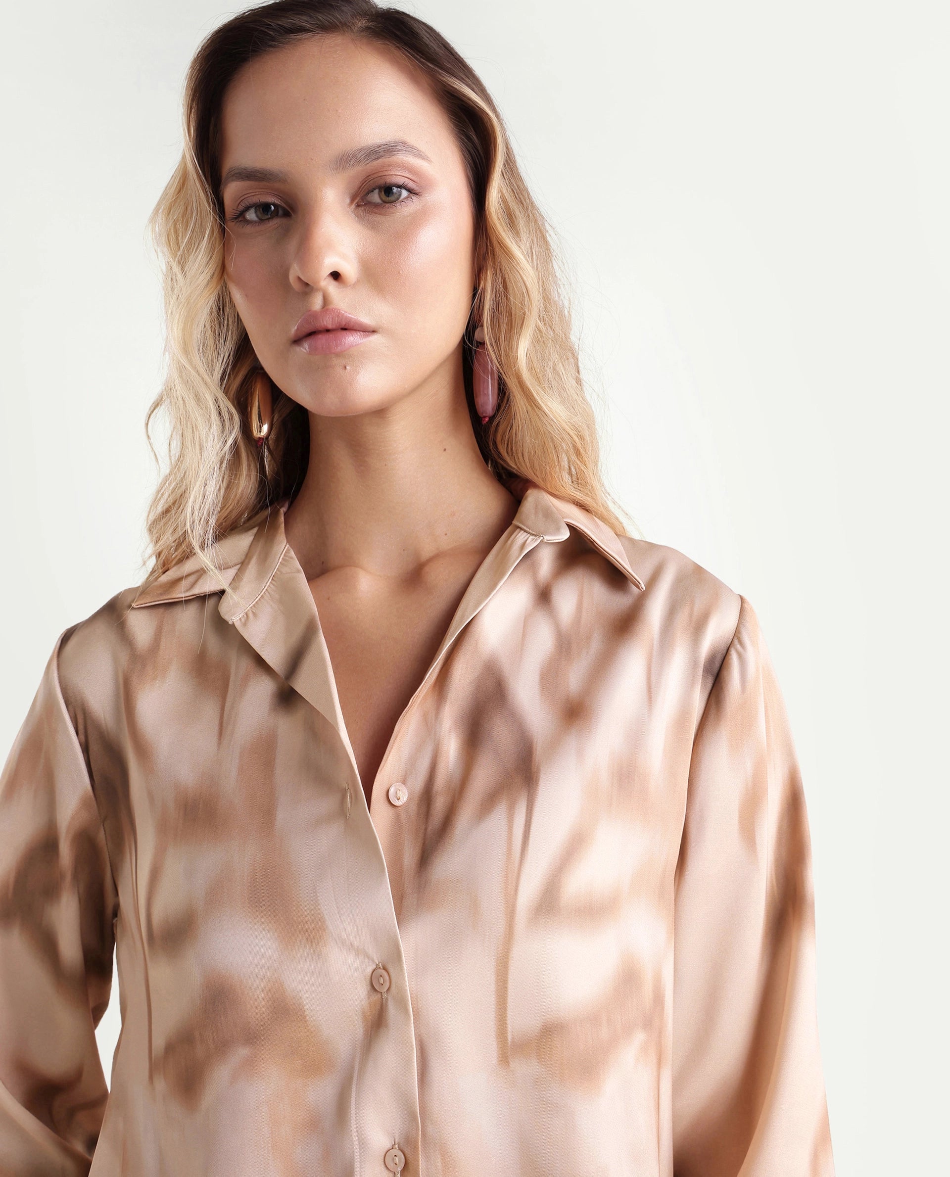 Rareism Women's Satino Dark Beige Abstract Polyester Regular Long Sleeves Shirt