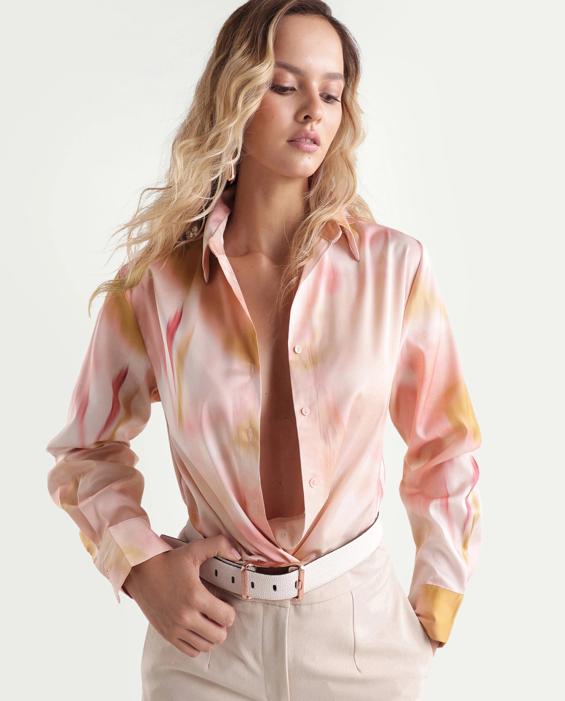 Rareism Women's Satino Pastel Pink Abstract Polyester Regular Long Sleeves Shirt