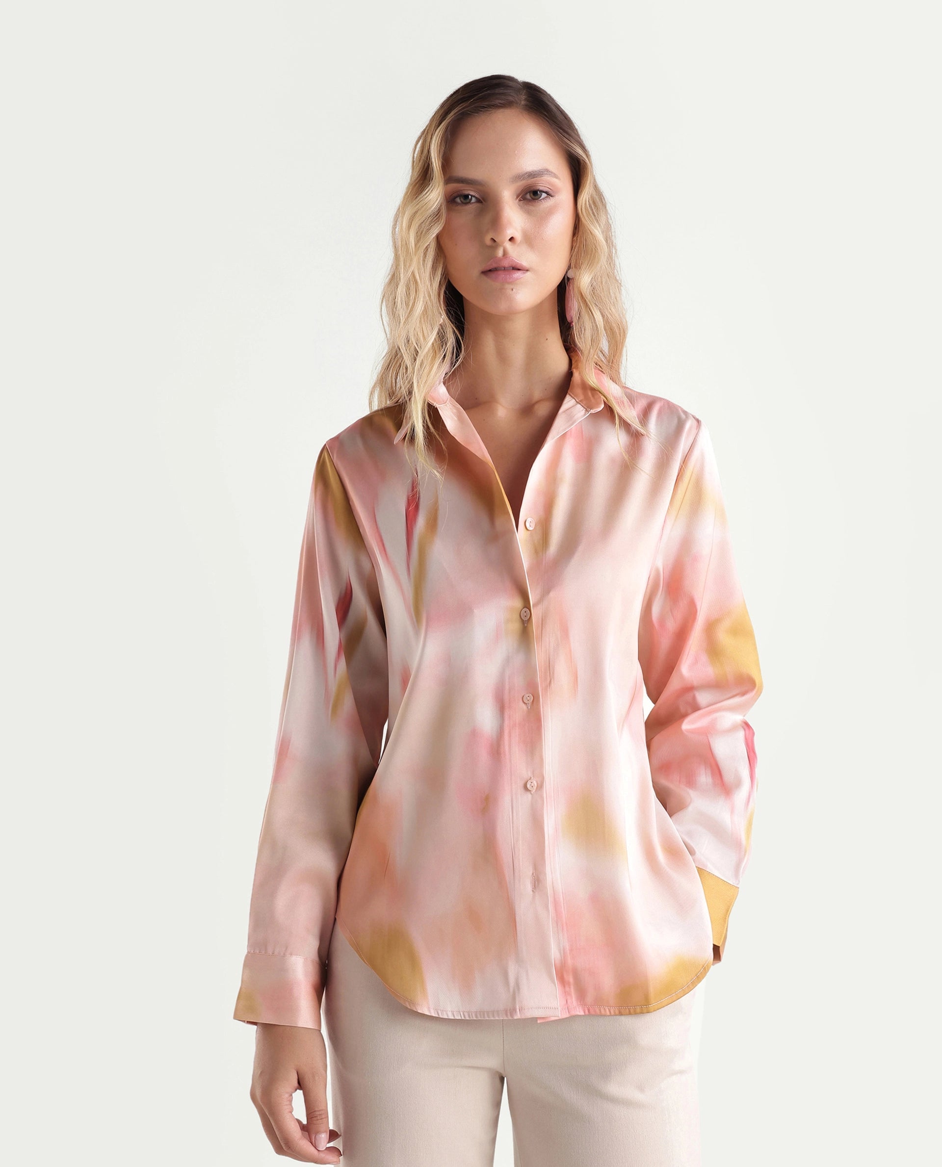 Rareism Women's Satino Pastel Pink Abstract Polyester Regular Long Sleeves Shirt