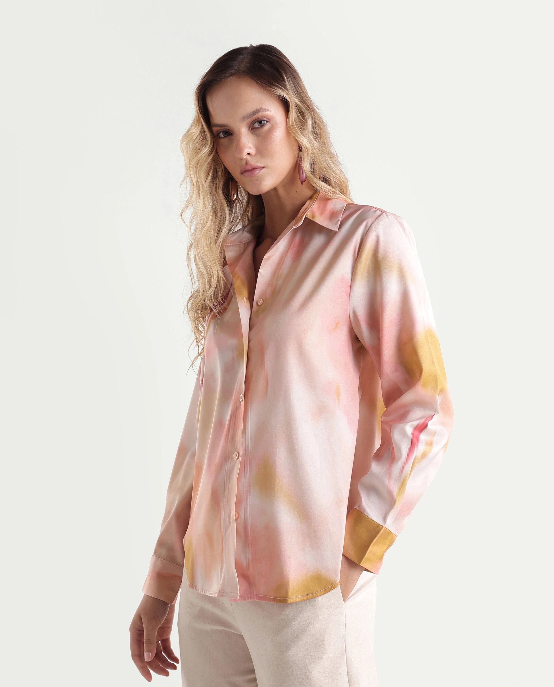 Rareism Women's Satino Pastel Pink Abstract Polyester Regular Long Sleeves Shirt