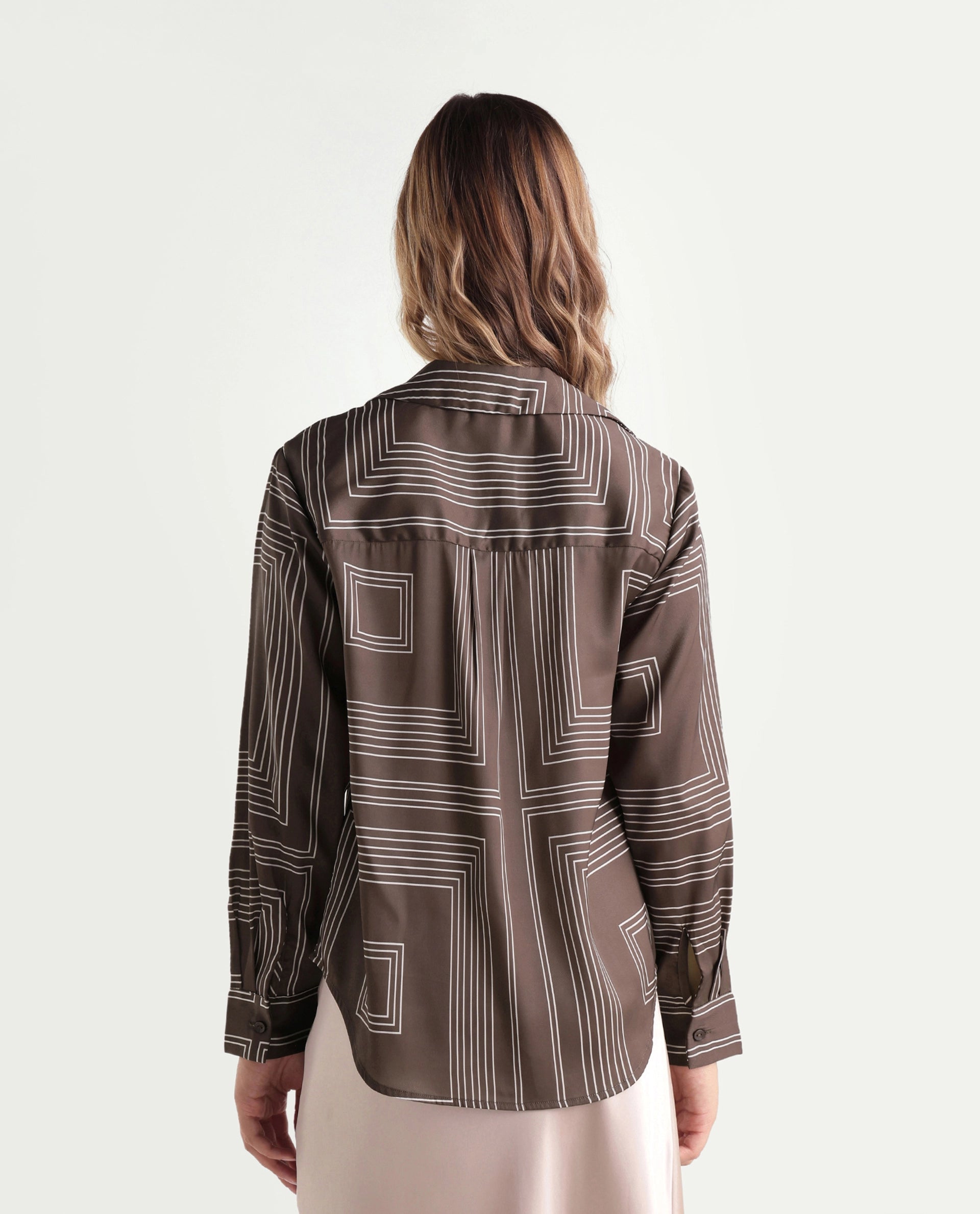 Rareism Women's Satino Brown Abstract Polyester Regular Long Sleeves Shirt