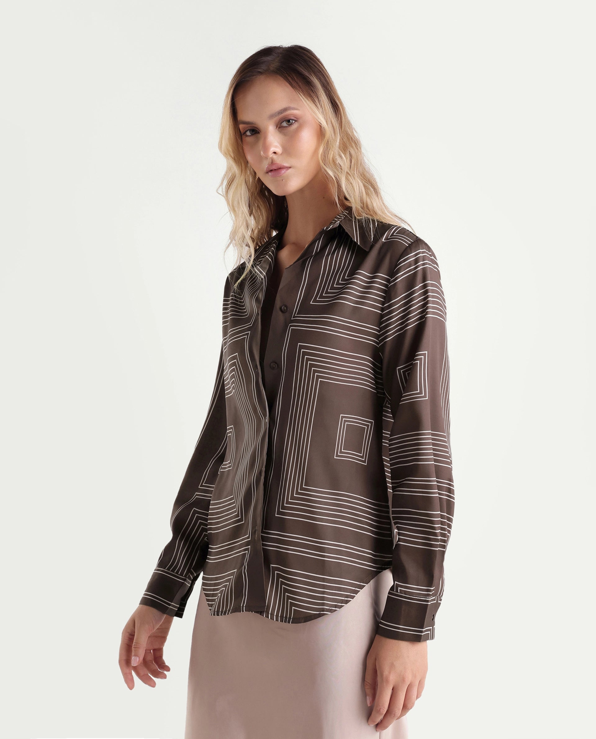 Rareism Women's Satino Brown Abstract Polyester Regular Long Sleeves Shirt