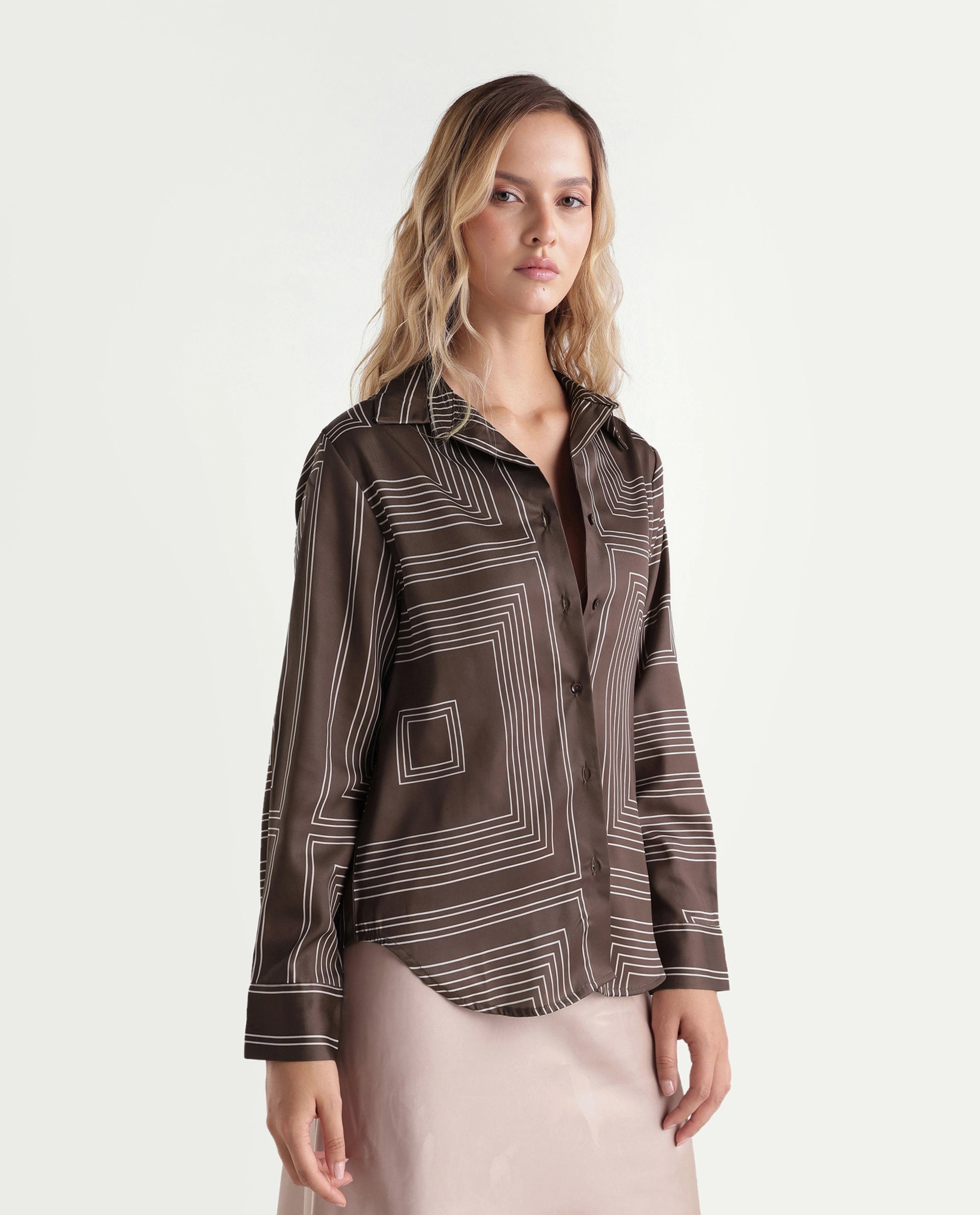 Rareism Women's Satino Brown Abstract Polyester Regular Long Sleeves Shirt