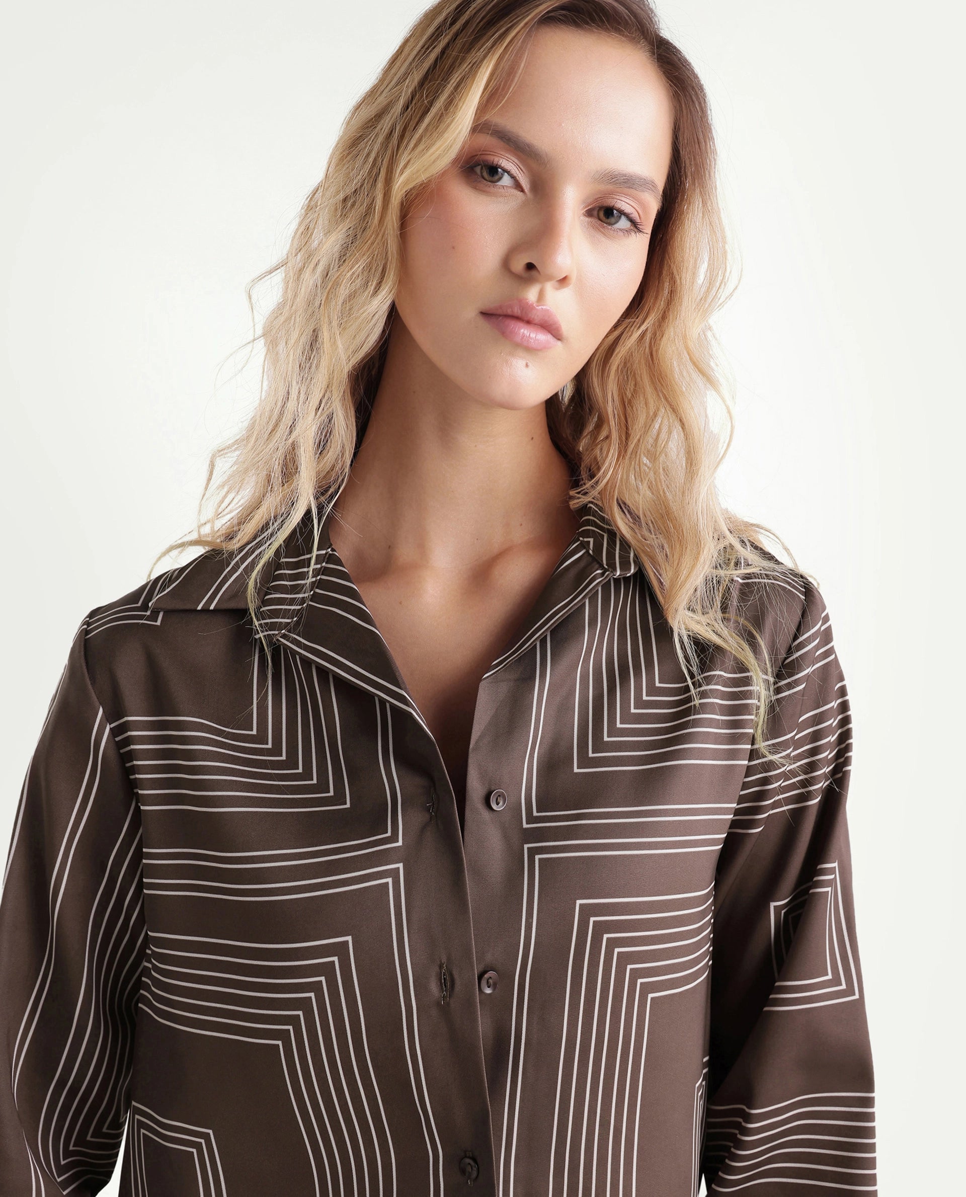 Rareism Women's Satino Brown Abstract Polyester Regular Long Sleeves Shirt