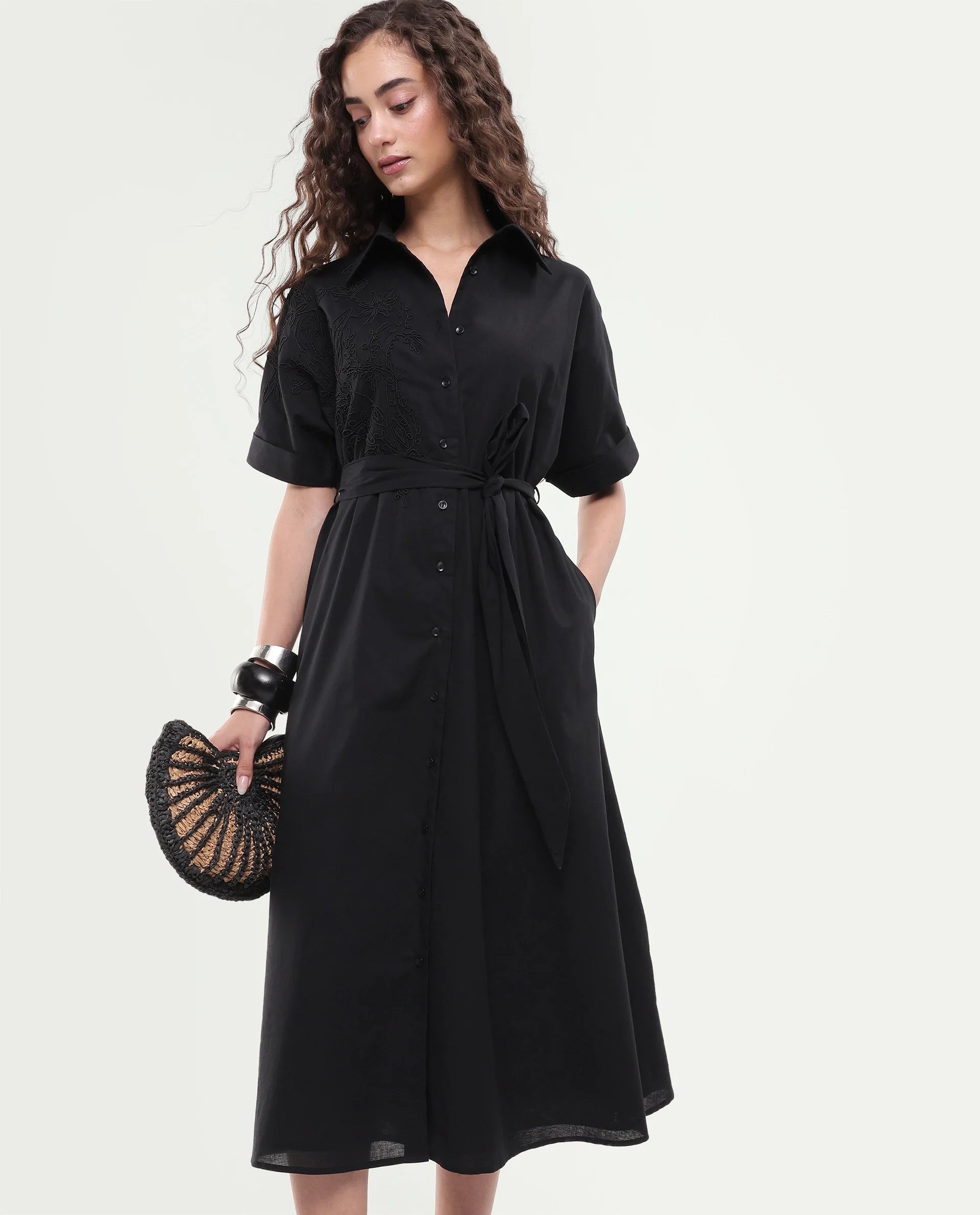 Rareism Women's Tormin Black Cotton Spread Collar Button Regular Embroidered Dress