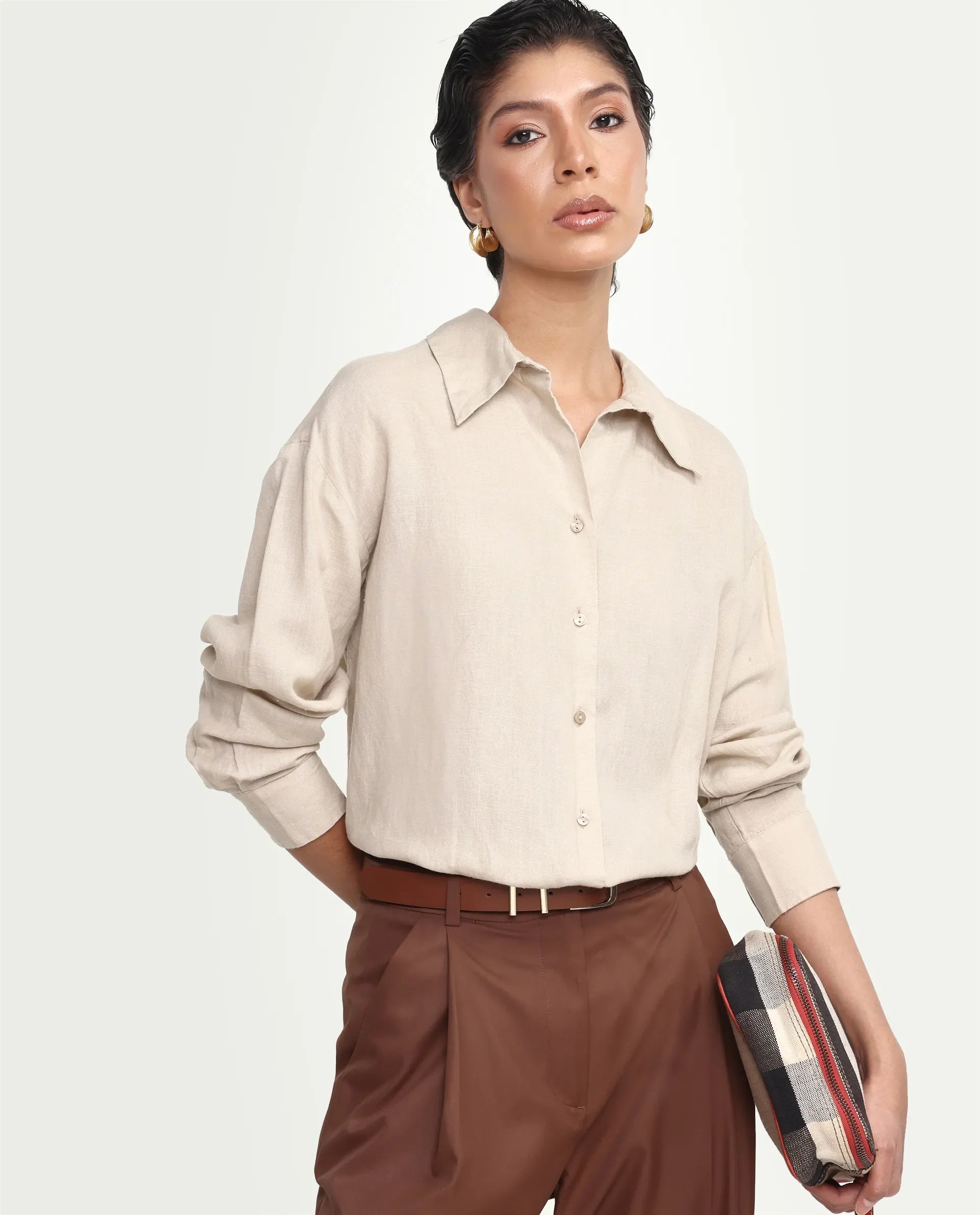Rareism Women's Uganda Beige Linen Blend Fabric Spread Collar Regular Plain Shirt