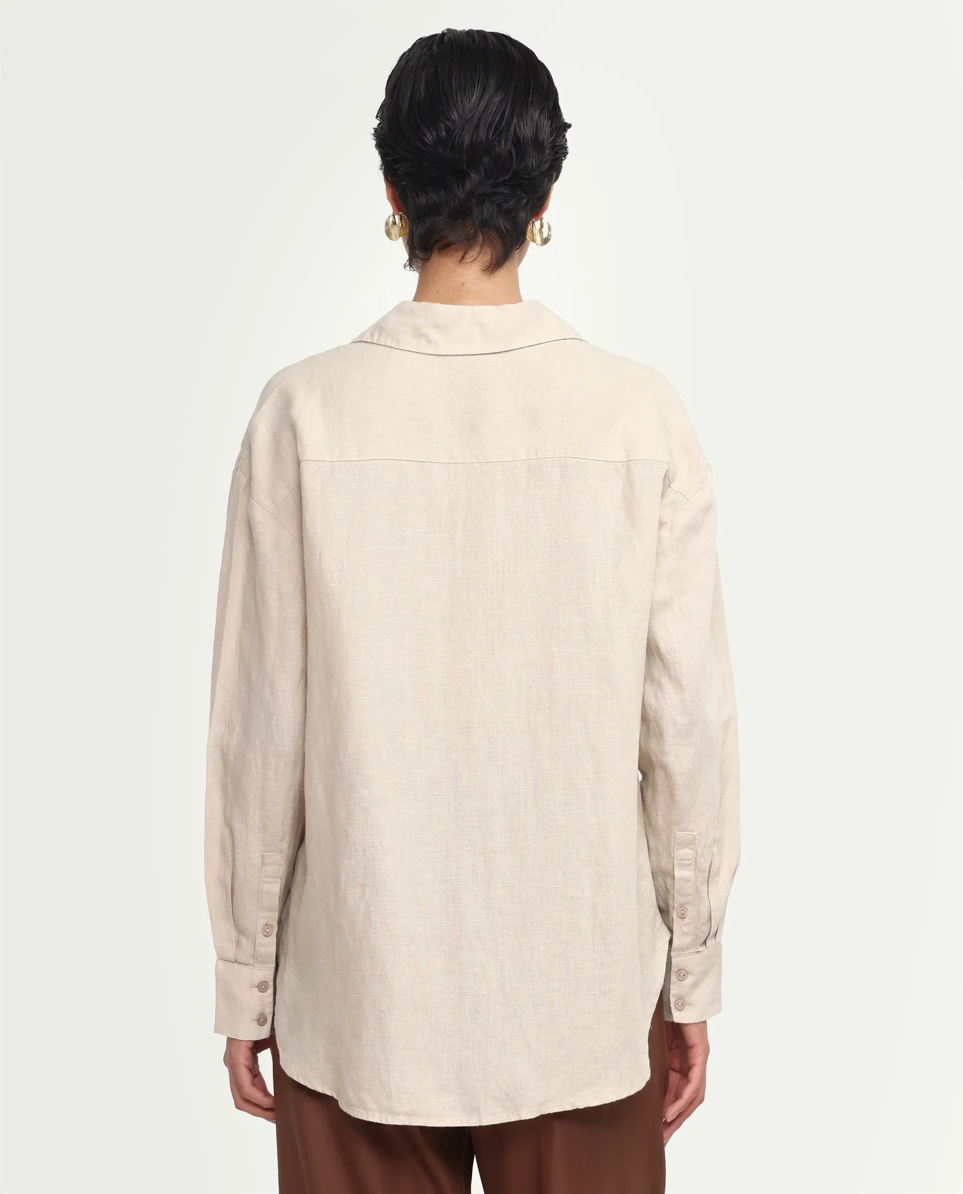 Rareism Women's Uganda Beige Linen Blend Fabric Spread Collar Regular Plain Shirt