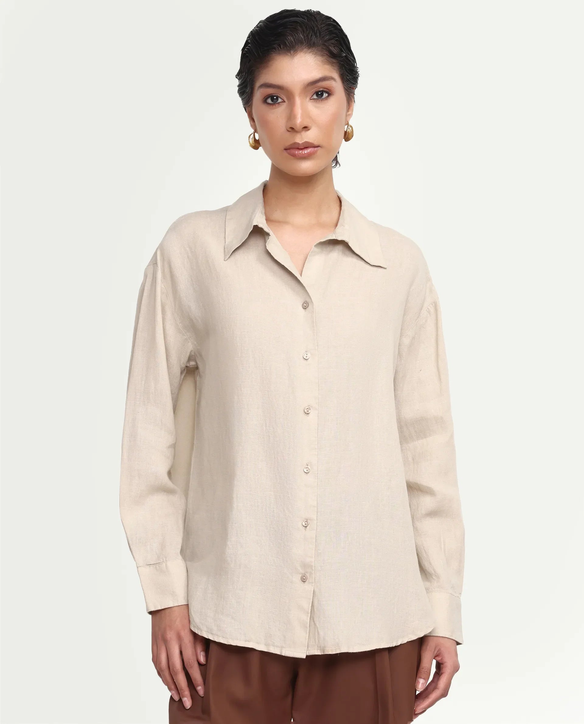 Rareism Women's Uganda Beige Linen Blend Fabric Spread Collar Regular Plain Shirt