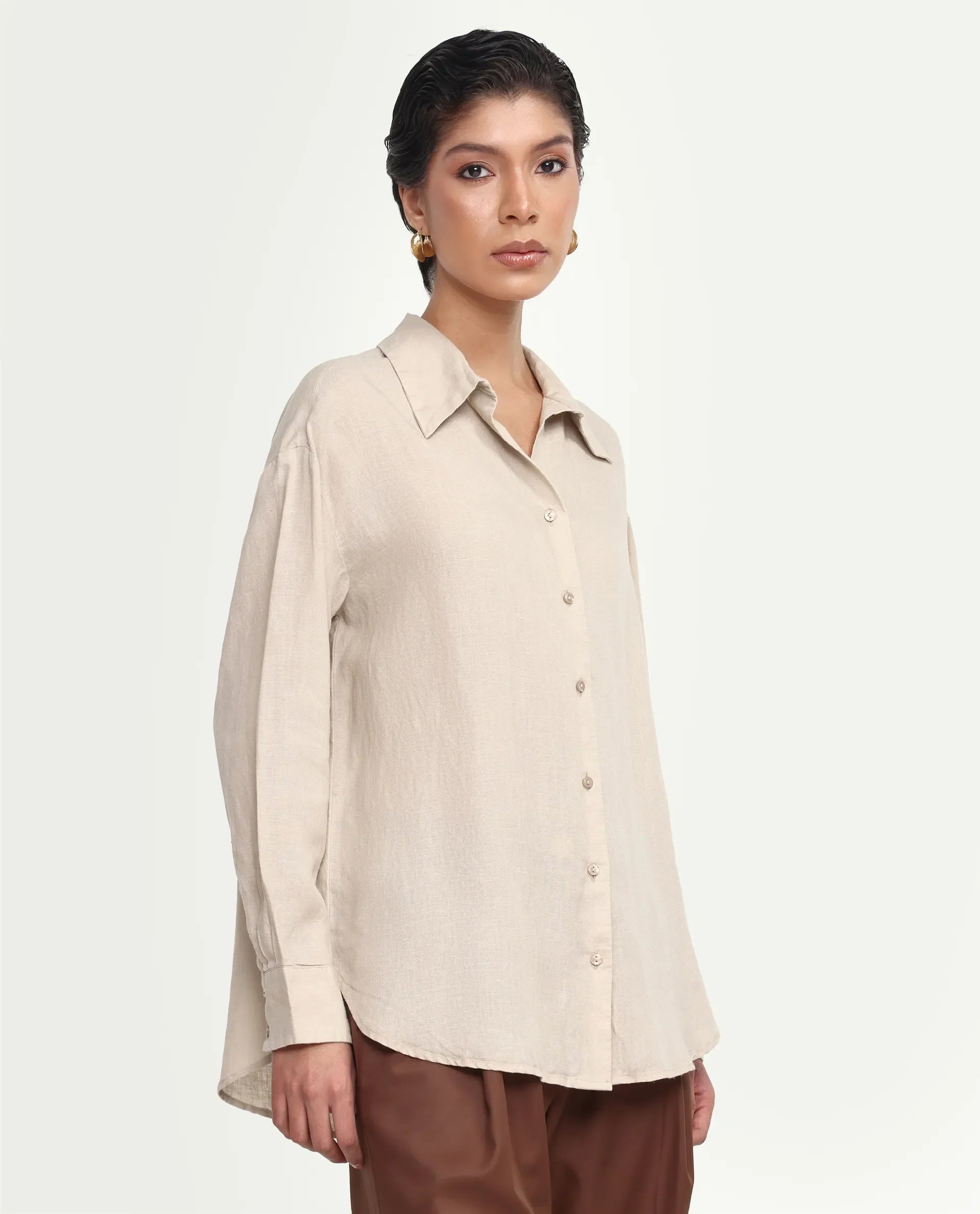 Rareism Women's Uganda Beige Linen Blend Fabric Spread Collar Regular Plain Shirt
