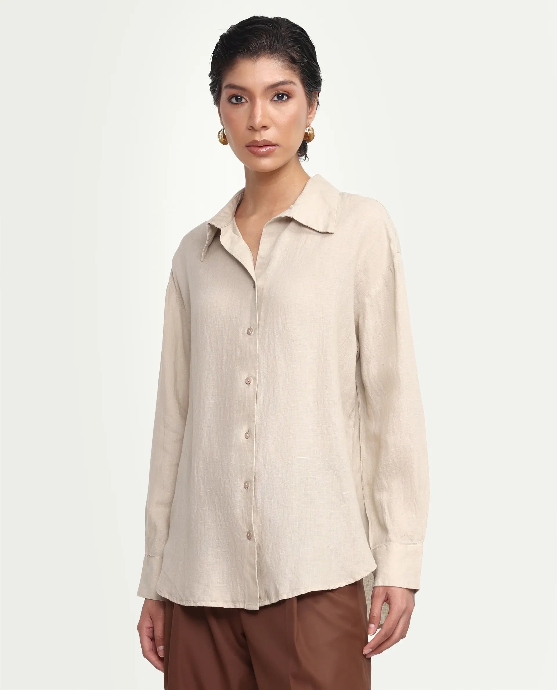 Rareism Women's Uganda Beige Linen Blend Fabric Spread Collar Regular Plain Shirt