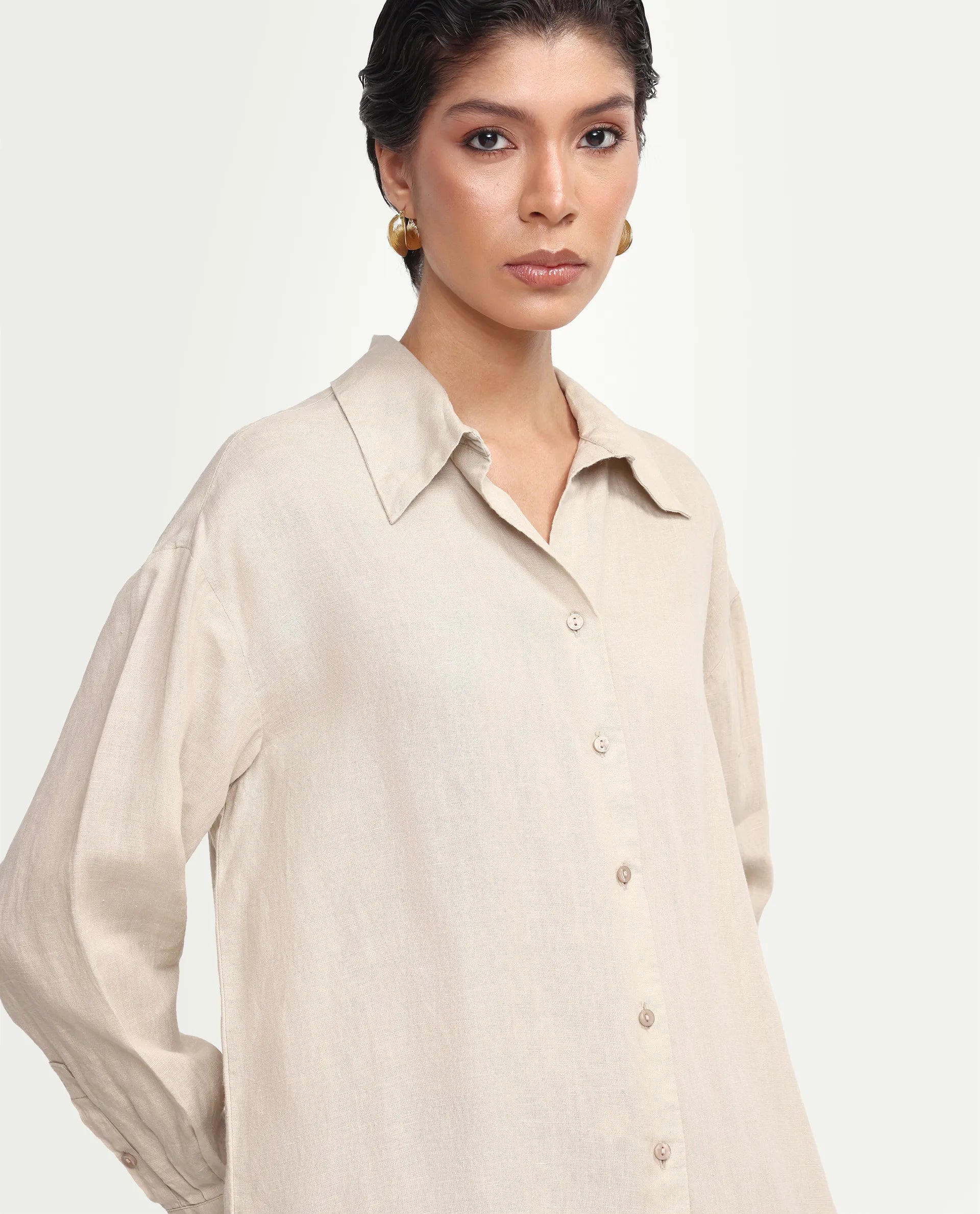 Rareism Women's Uganda Beige Linen Blend Fabric Spread Collar Regular Plain Shirt