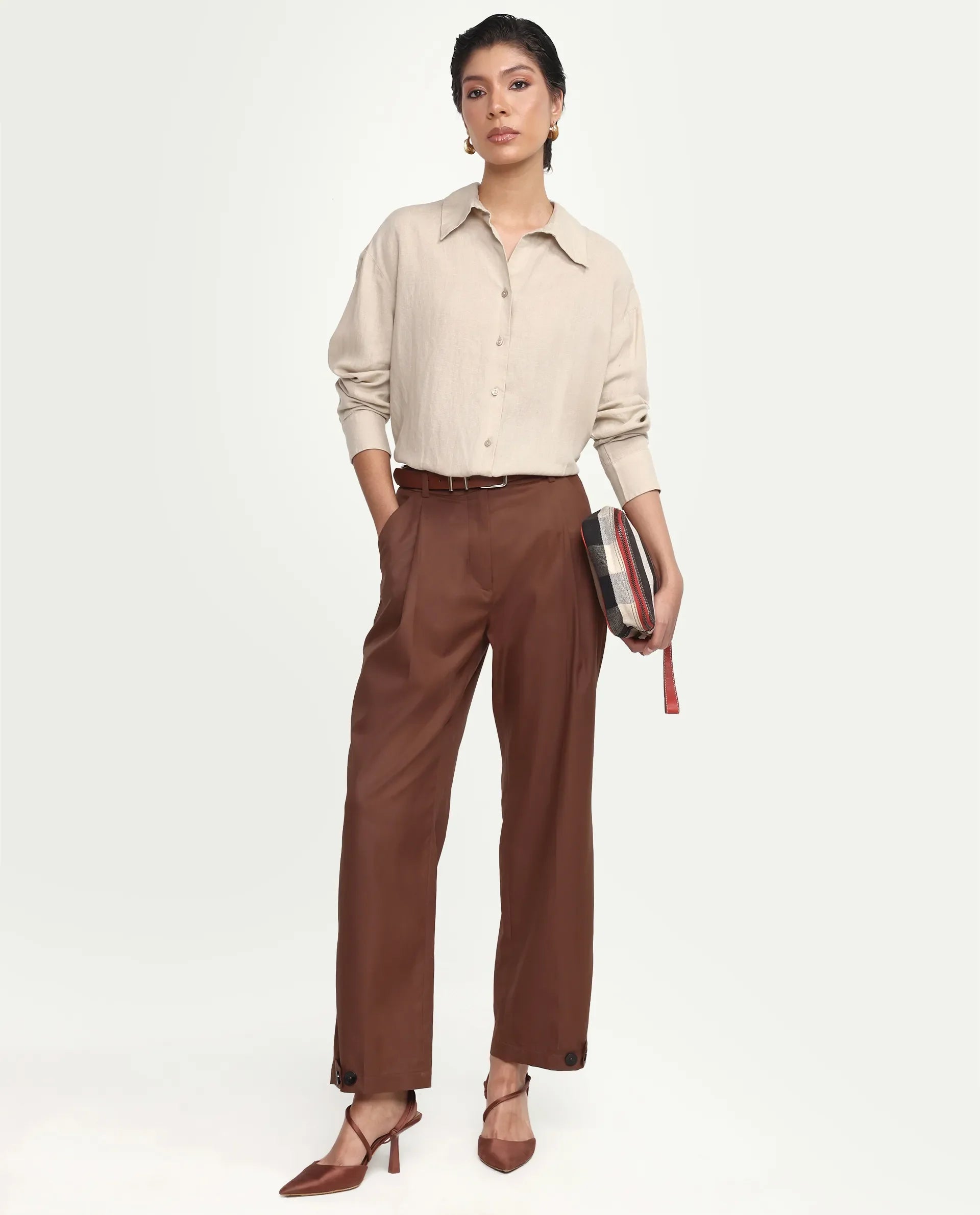 Rareism Women's Uganda Beige Linen Blend Fabric Spread Collar Regular Plain Shirt