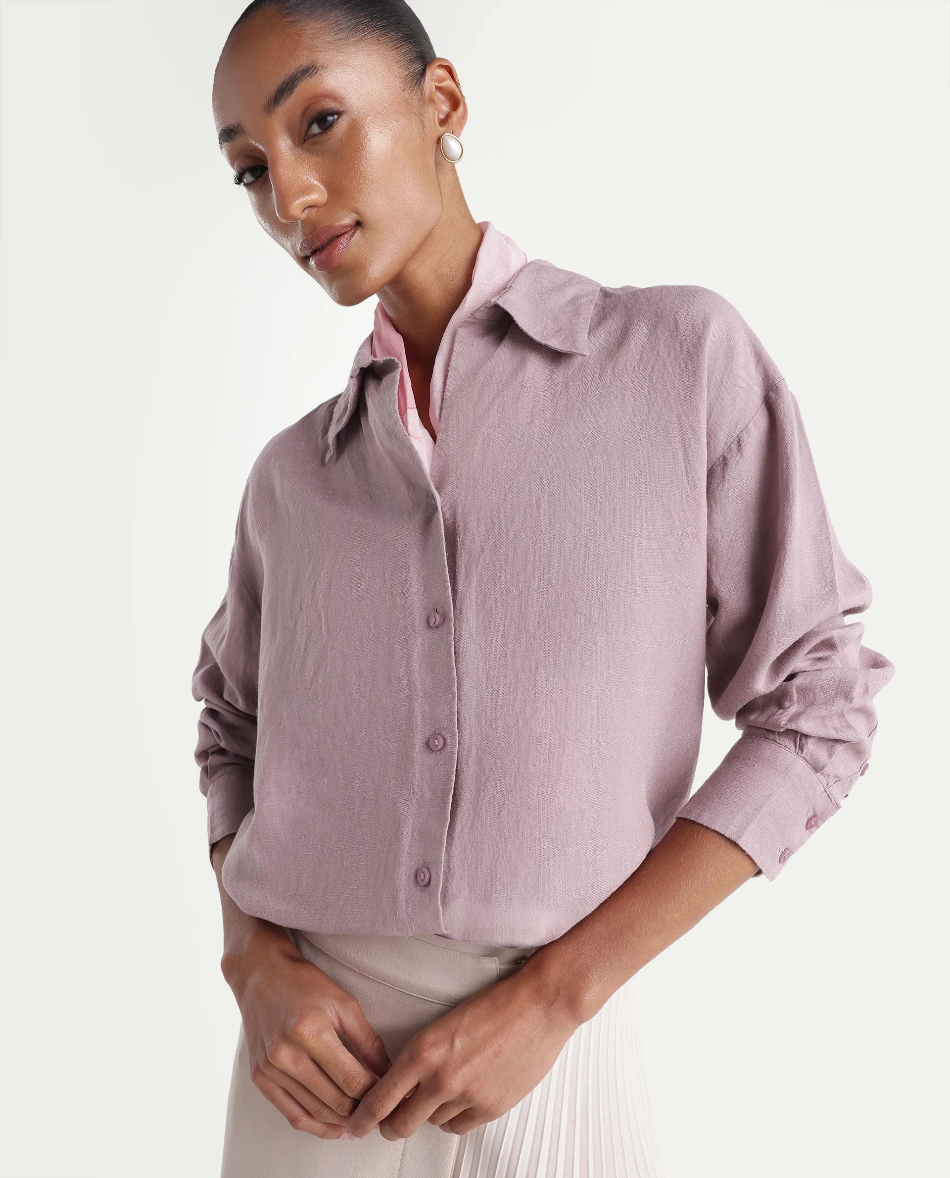Rareism Women's Uganda Pink Linen Fabric Spread Collar Regular Plain Shirt