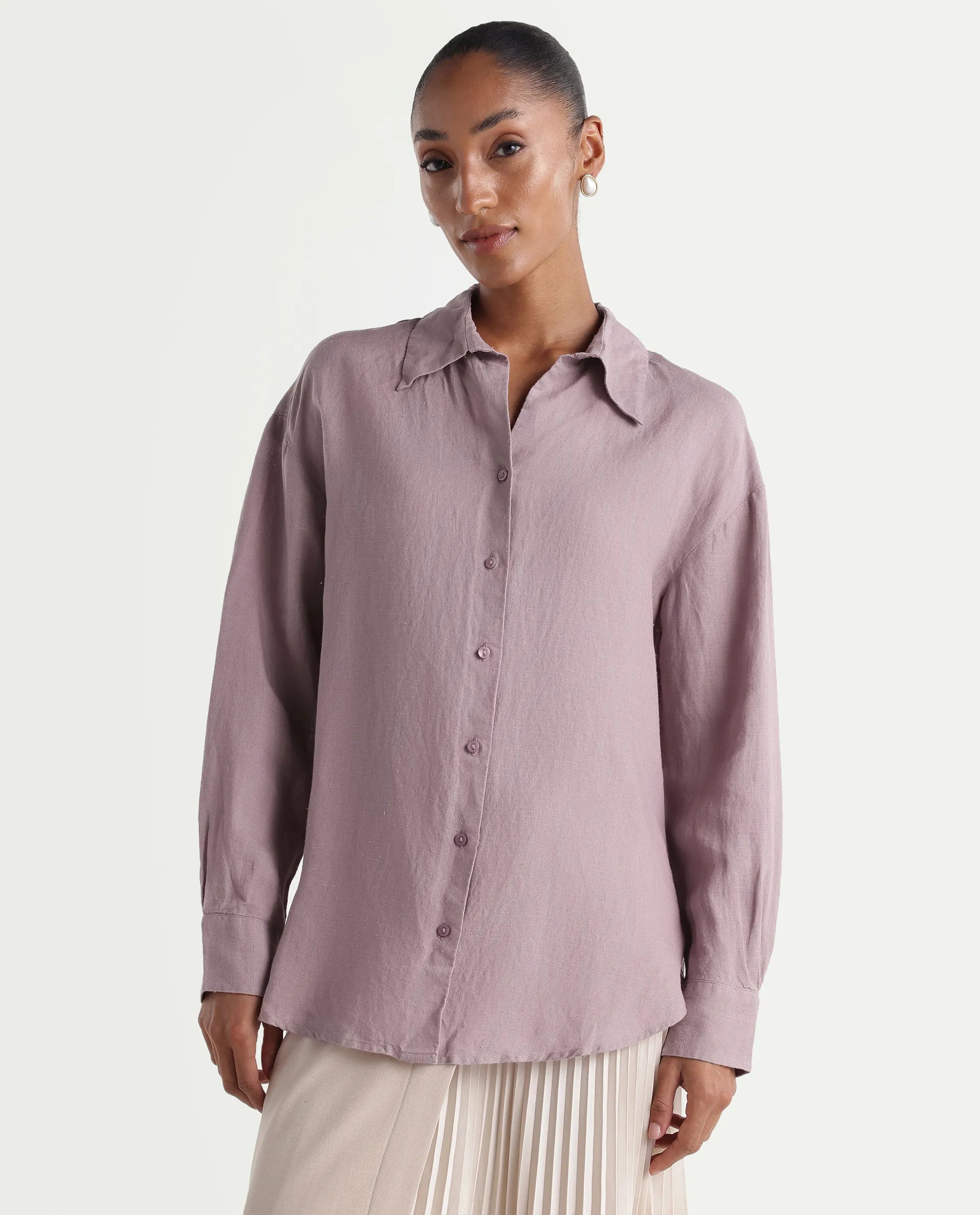 Rareism Women's Uganda Pink Linen Fabric Spread Collar Regular Plain Shirt