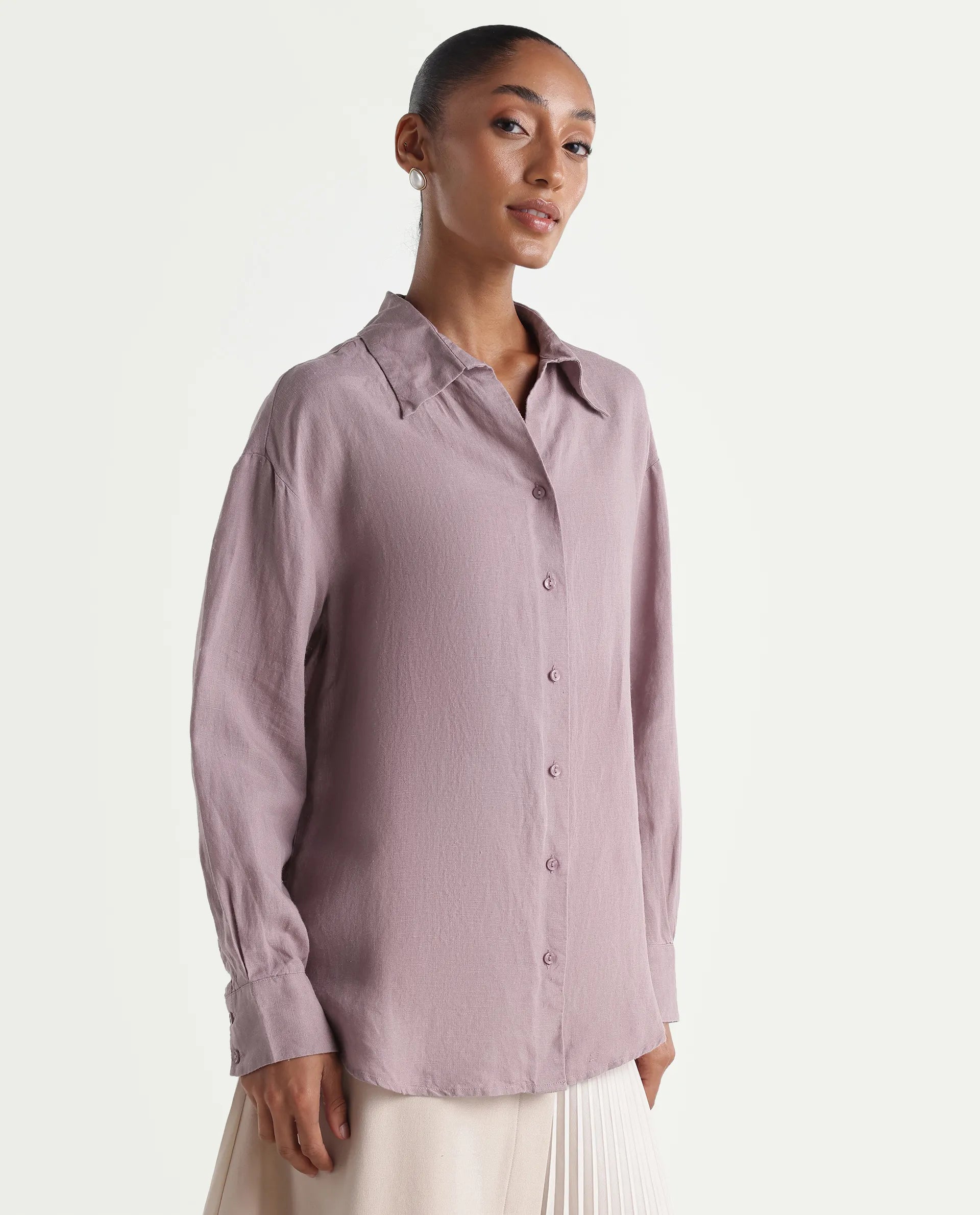 Rareism Women's Uganda Pink Linen Fabric Spread Collar Regular Plain Shirt
