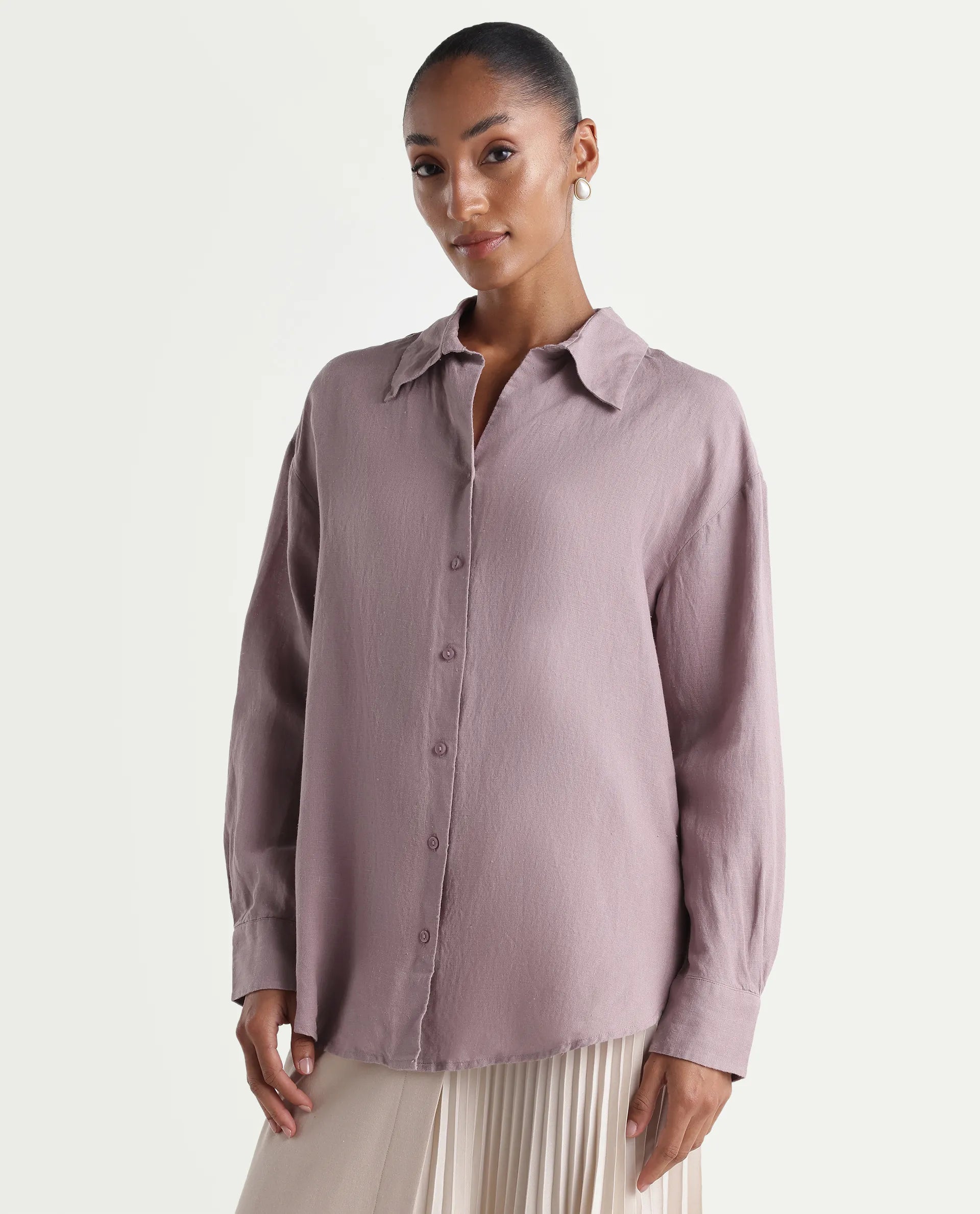 Rareism Women's Uganda Pink Linen Fabric Spread Collar Regular Plain Shirt