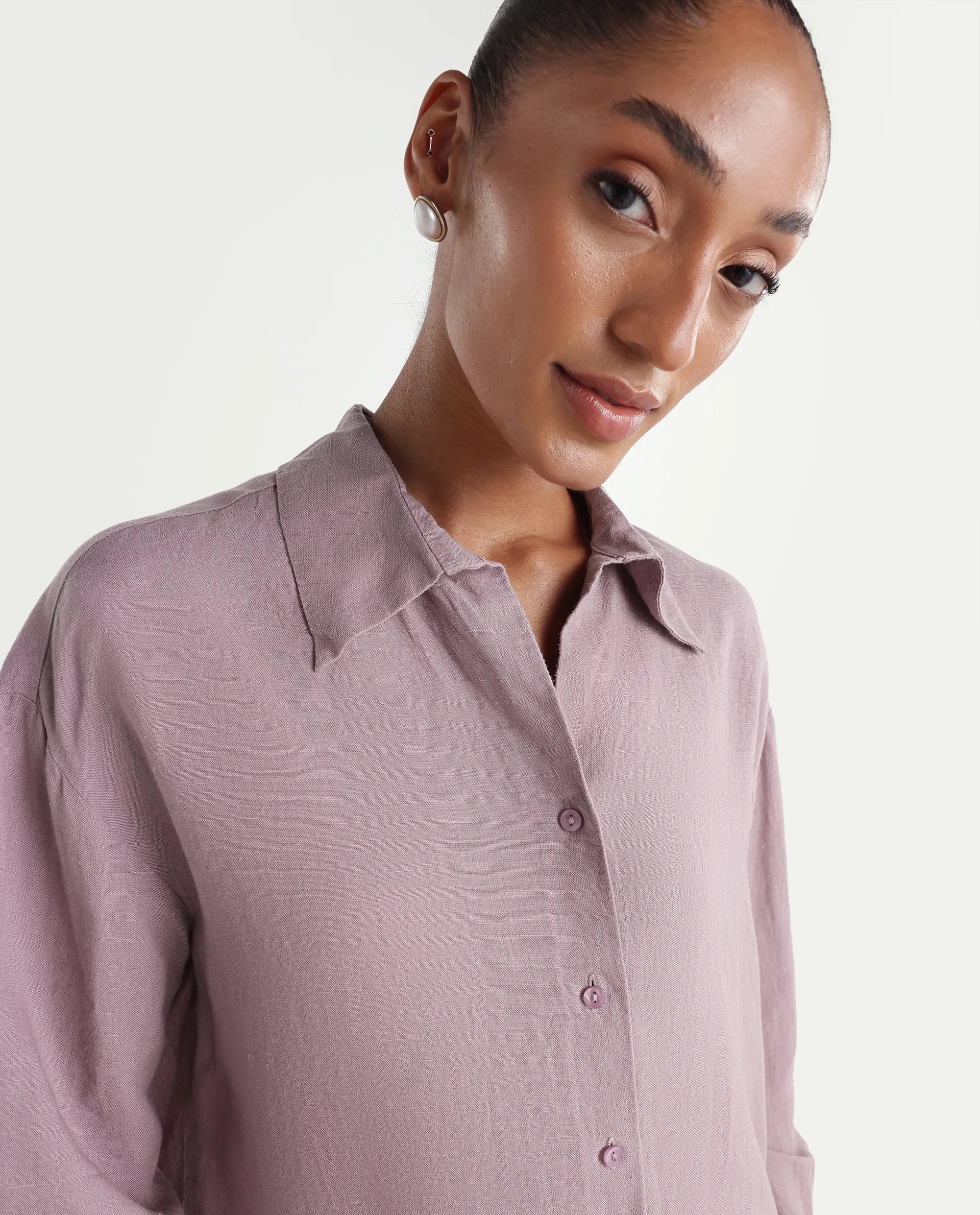 Rareism Women's Uganda Pink Linen Fabric Spread Collar Regular Plain Shirt