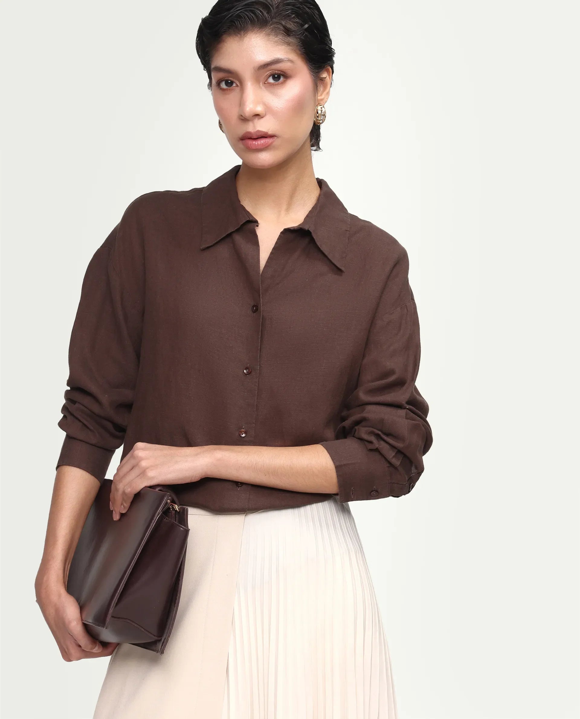 Rareism Women's Uganda Brown Linen Blend Fabric Spread Collar Regular Plain Shirt