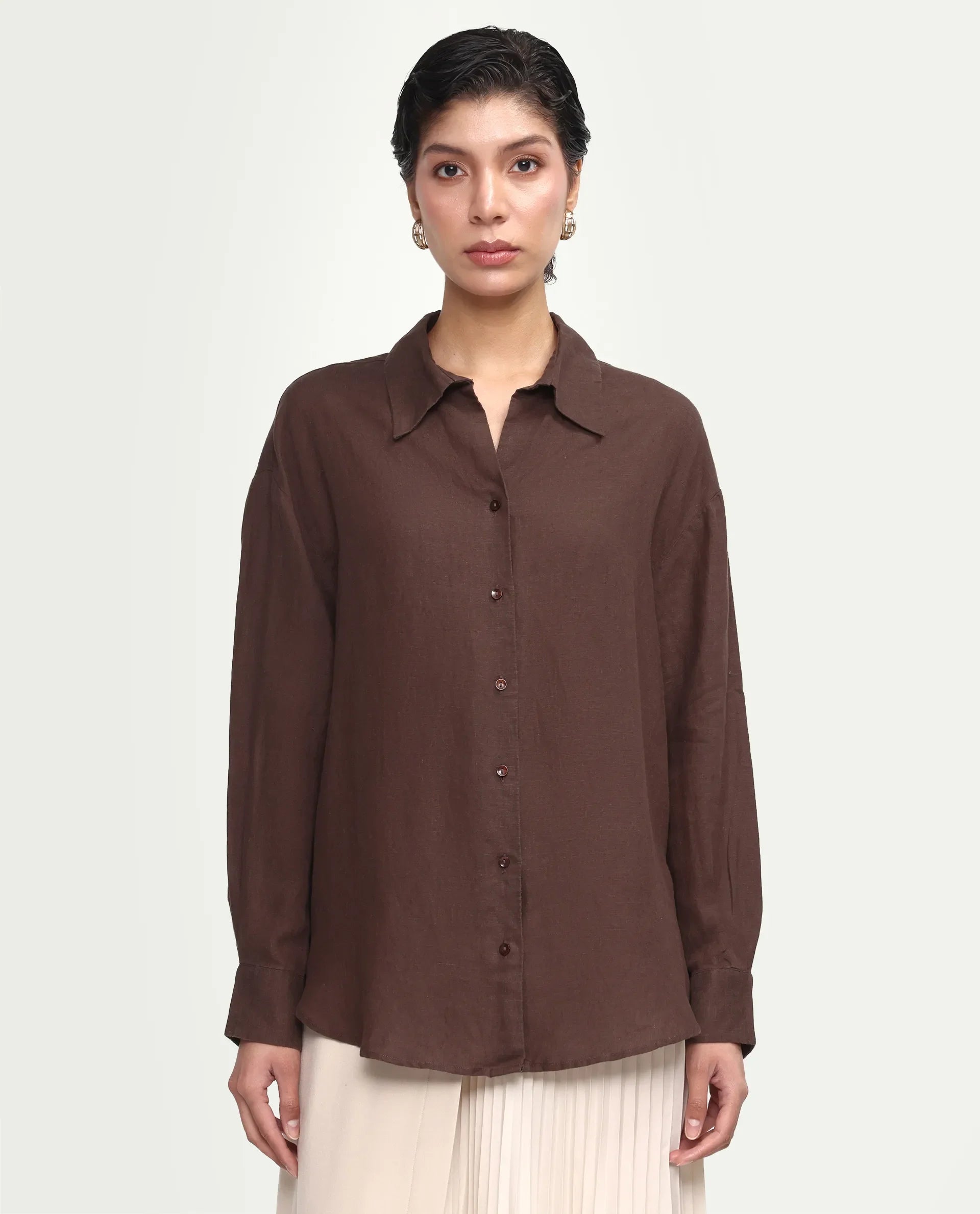 Rareism Women's Uganda Brown Linen Blend Fabric Spread Collar Regular Plain Shirt