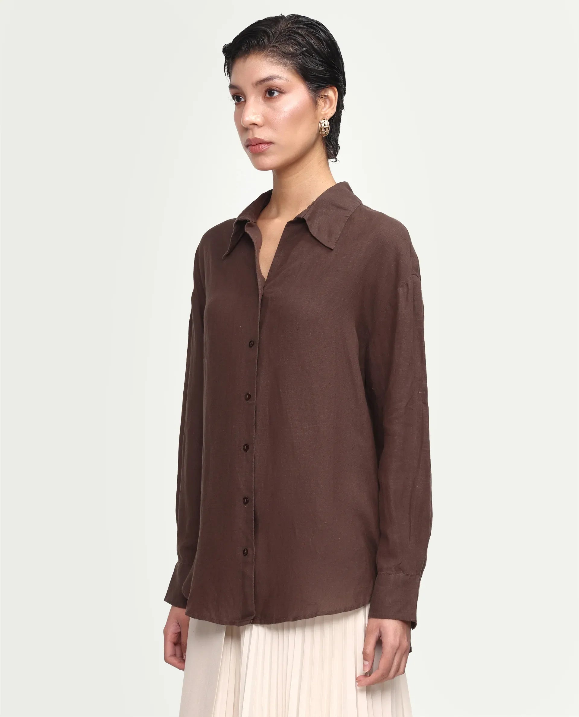 Rareism Women's Uganda Brown Linen Blend Fabric Spread Collar Regular Plain Shirt