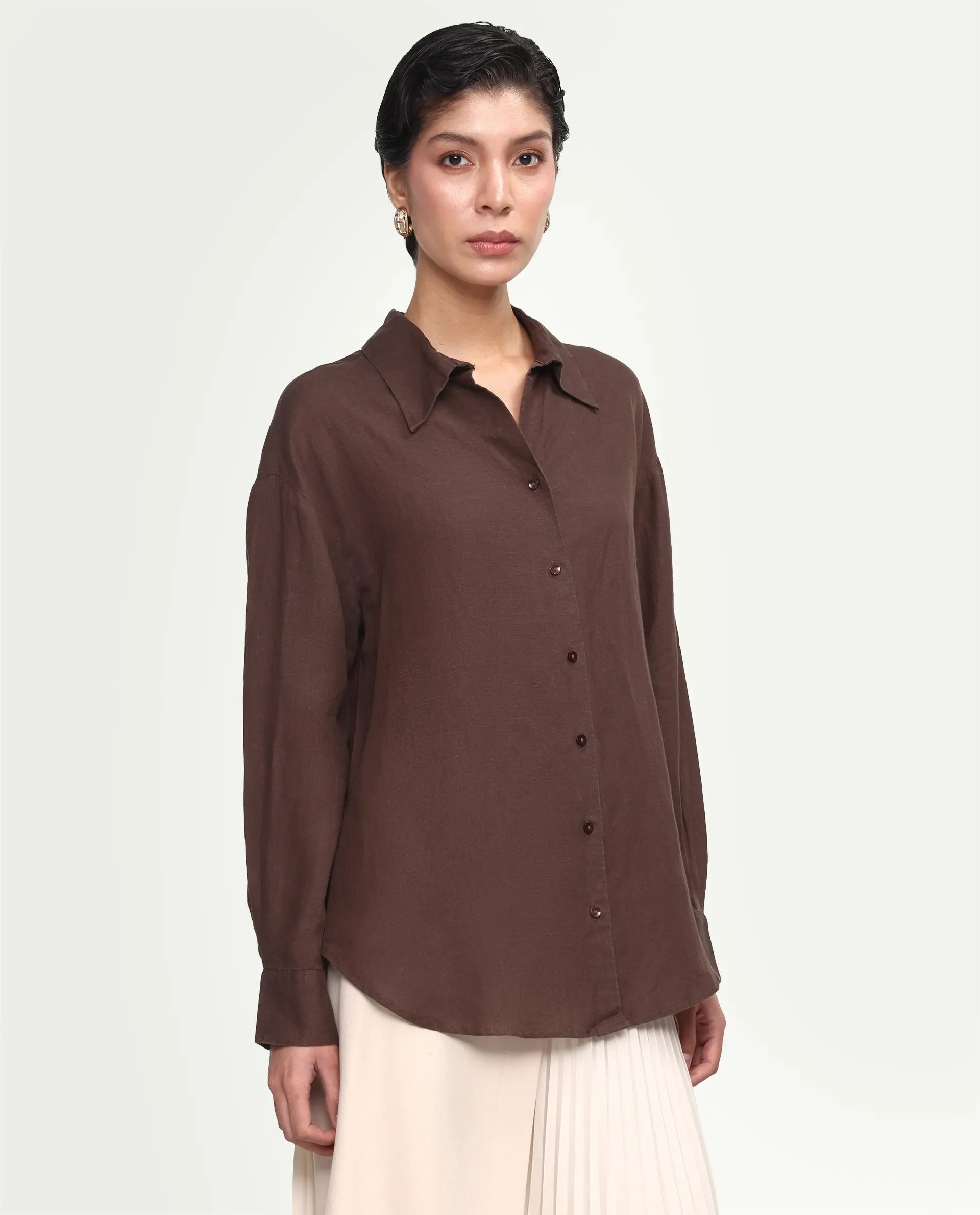Rareism Women's Uganda Brown Linen Blend Fabric Spread Collar Regular Plain Shirt