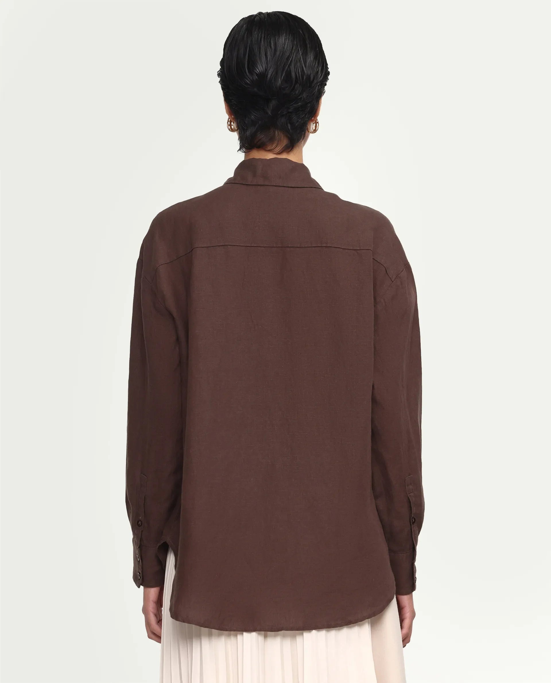 Rareism Women's Uganda Brown Linen Blend Fabric Spread Collar Regular Plain Shirt