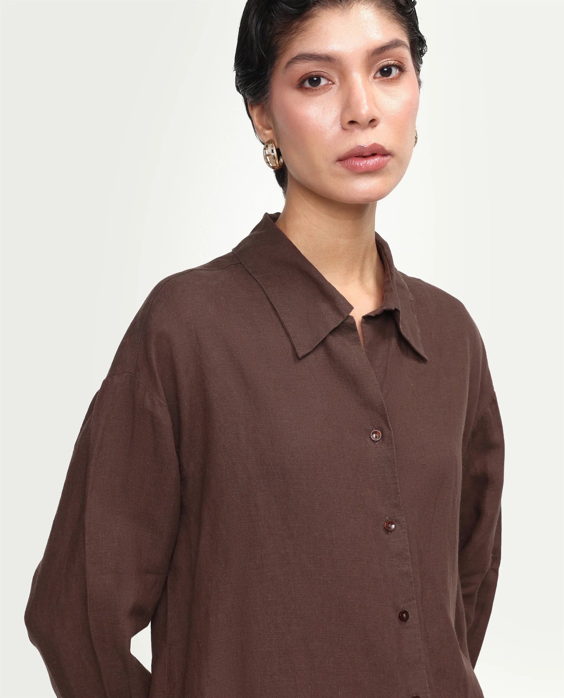 Rareism Women's Uganda Brown Linen Blend Fabric Spread Collar Regular Plain Shirt