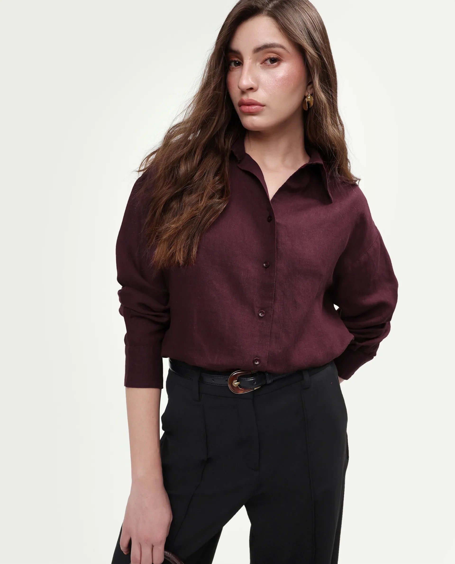 Rareism Women's Uganda Maroon Linen Blend Spread Collar Regular Plain Shirt