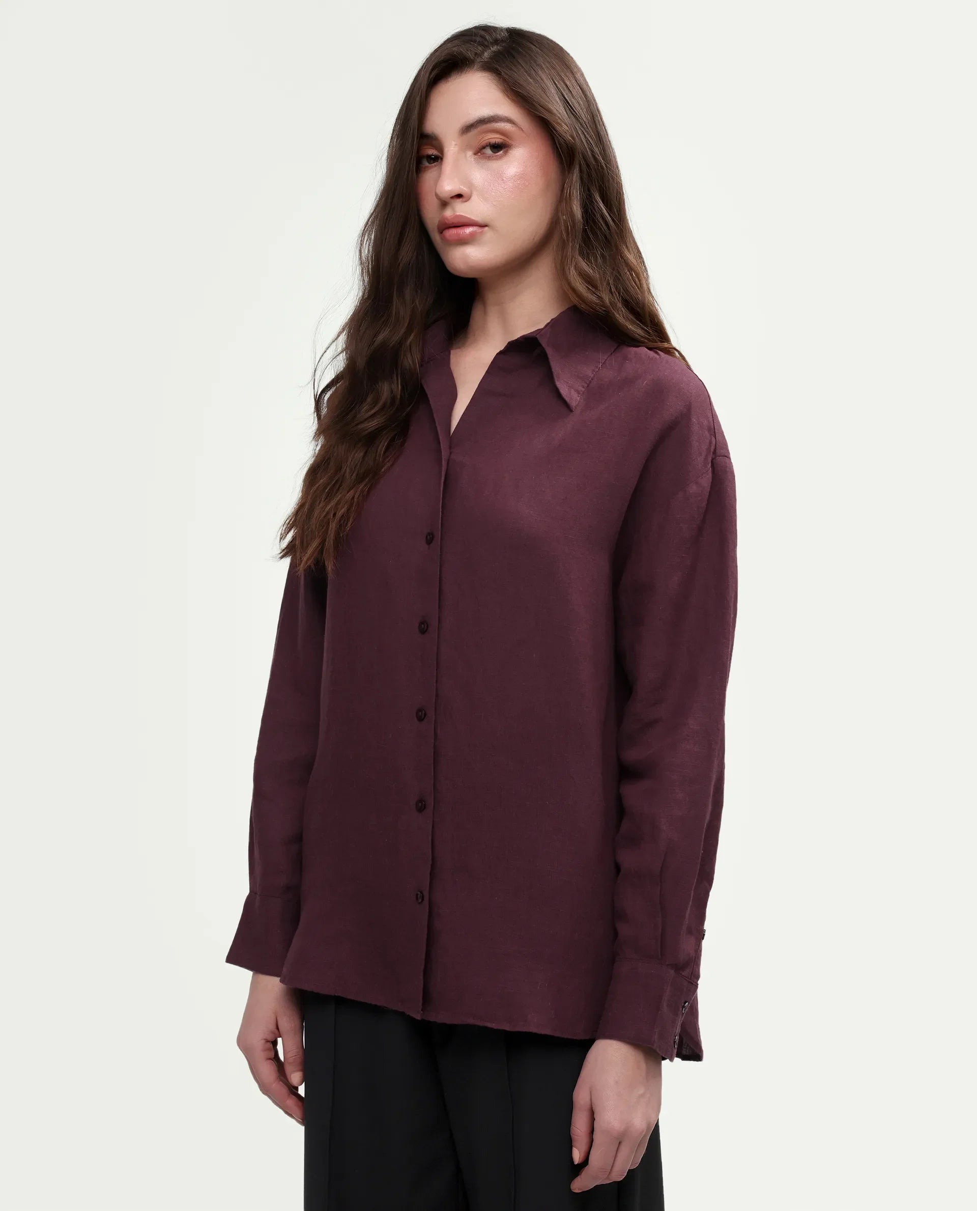 Rareism Women's Uganda Maroon Linen Blend Spread Collar Regular Plain Shirt