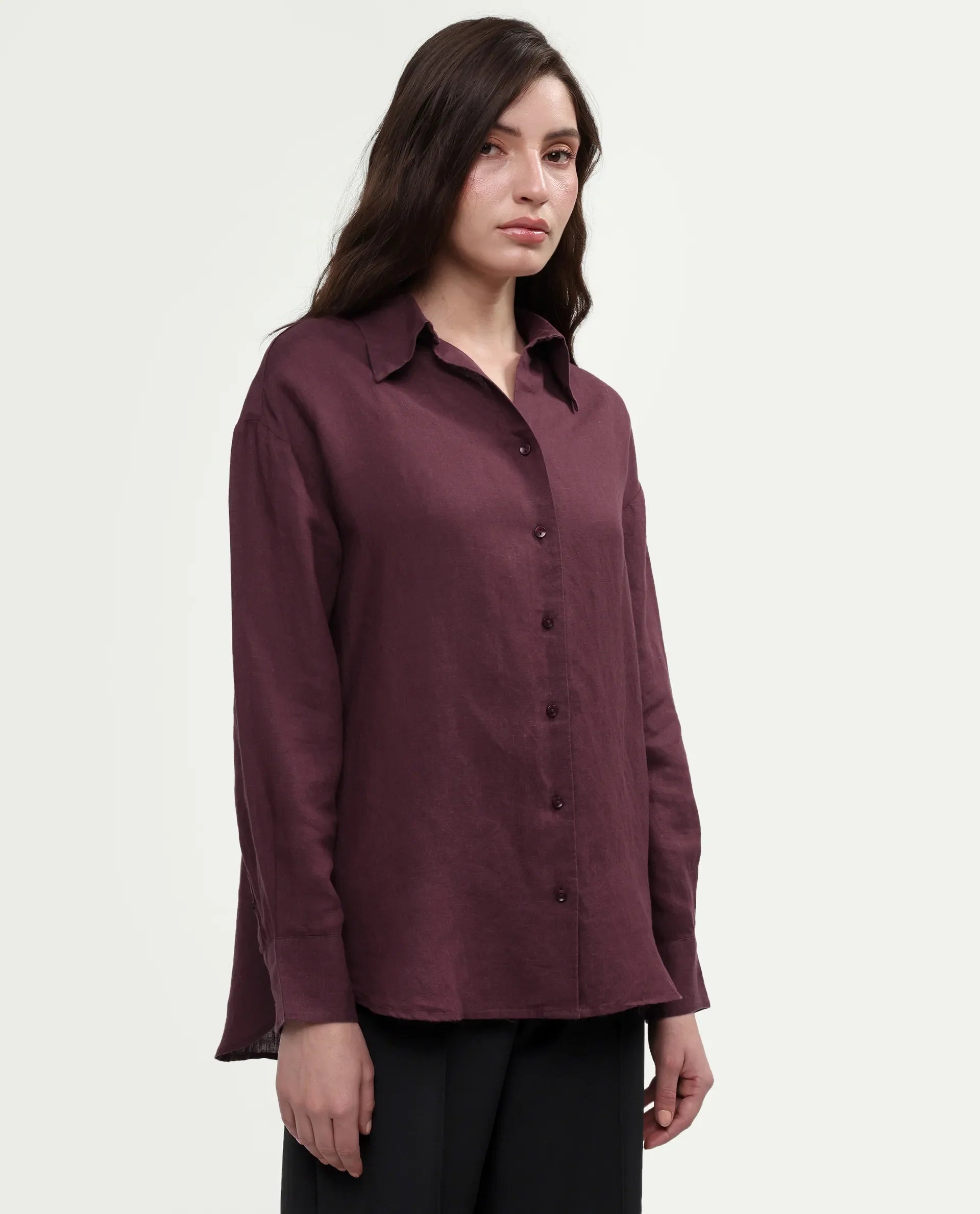Rareism Women's Uganda Maroon Linen Blend Spread Collar Regular Plain Shirt