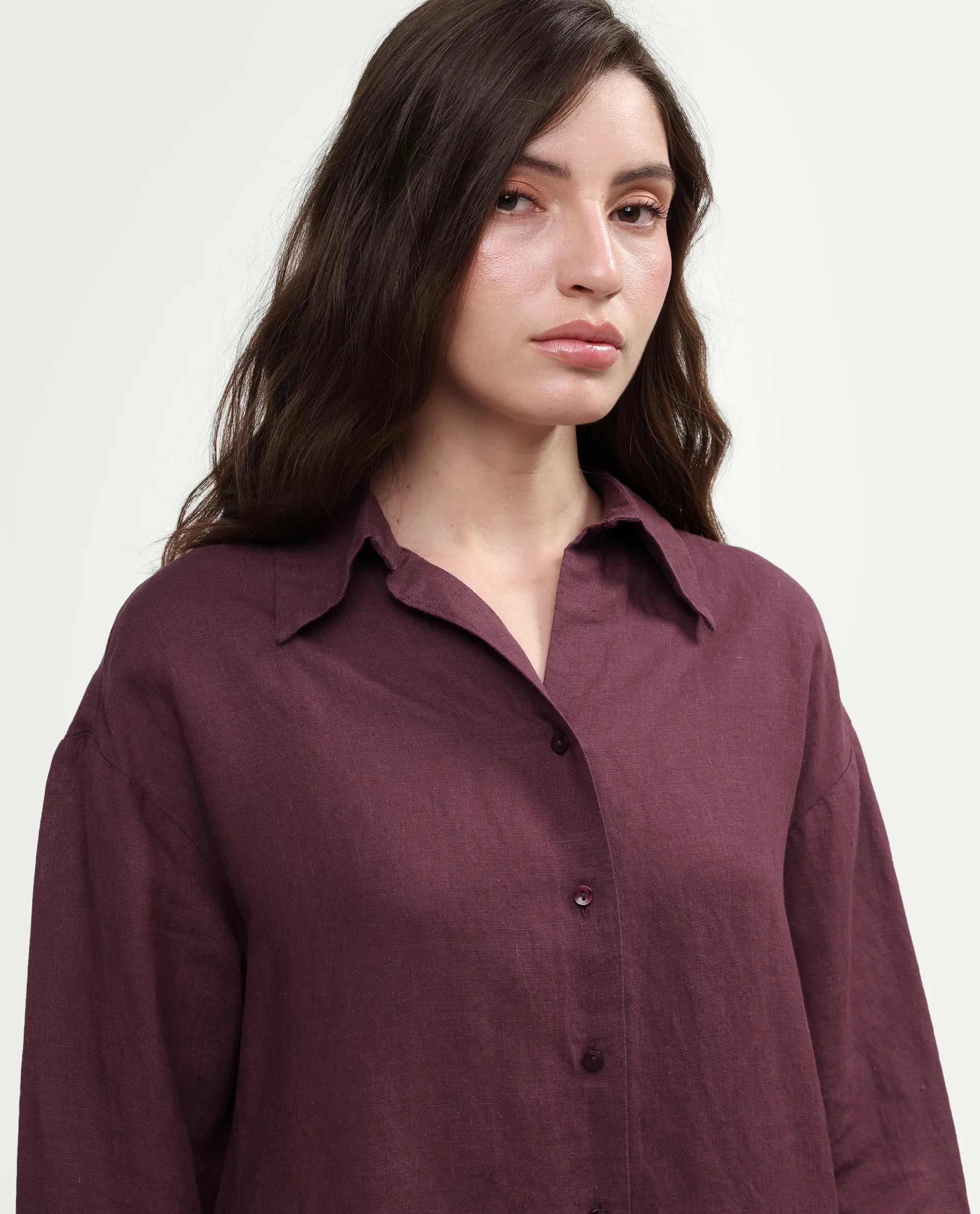 Rareism Women's Uganda Maroon Linen Blend Spread Collar Regular Plain Shirt