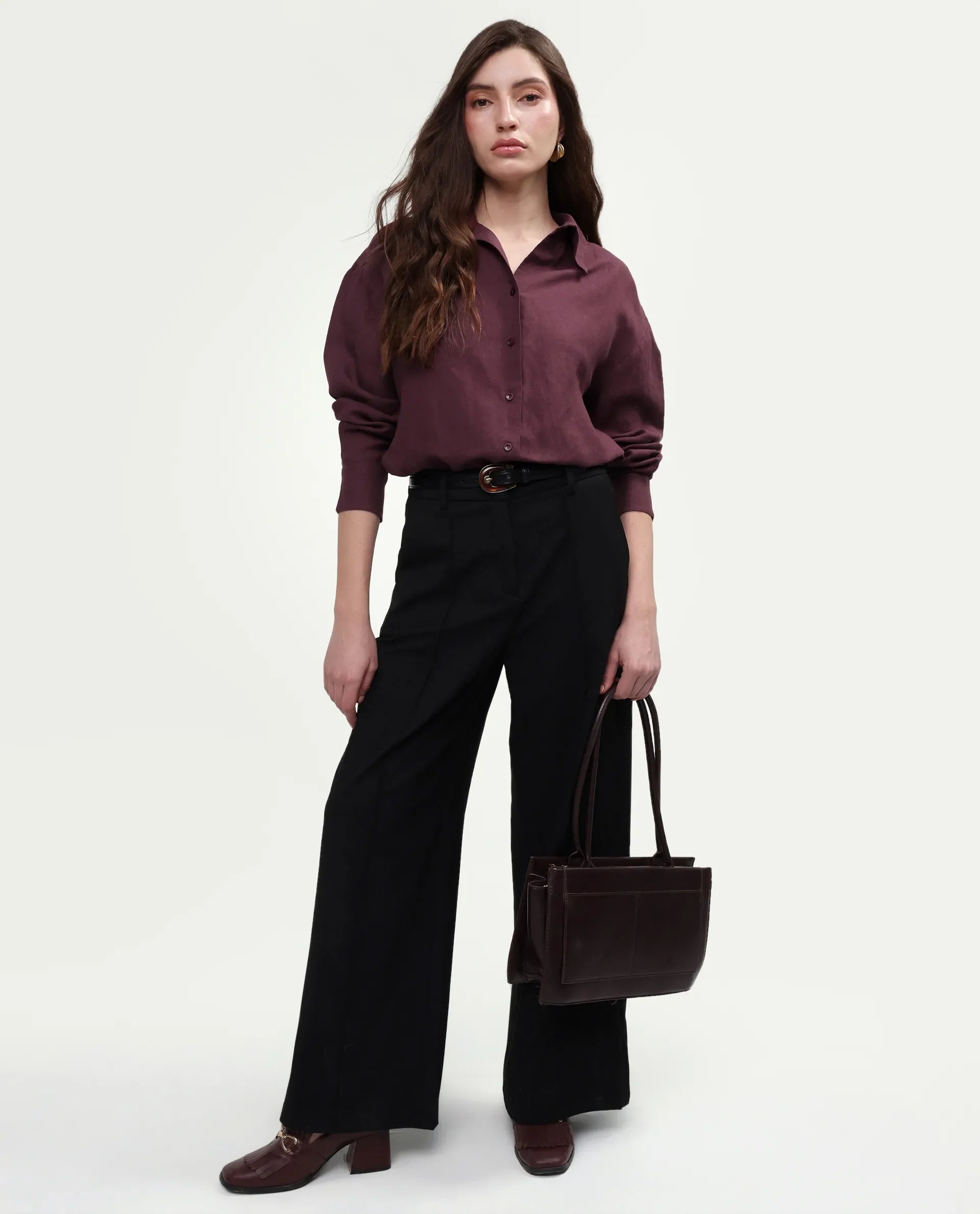 Rareism Women's Uganda Maroon Linen Blend Spread Collar Regular Plain Shirt