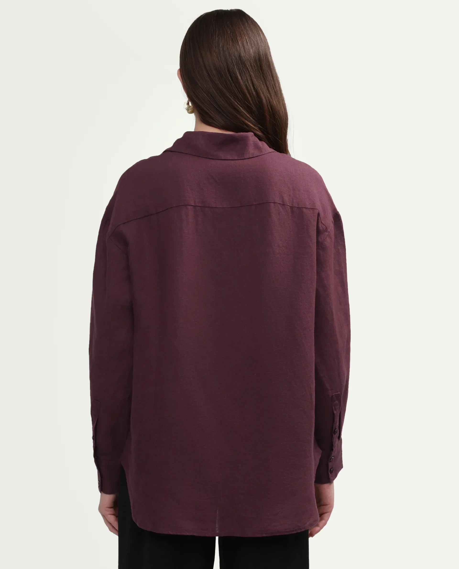 Rareism Women's Uganda Maroon Linen Blend Spread Collar Regular Plain Shirt