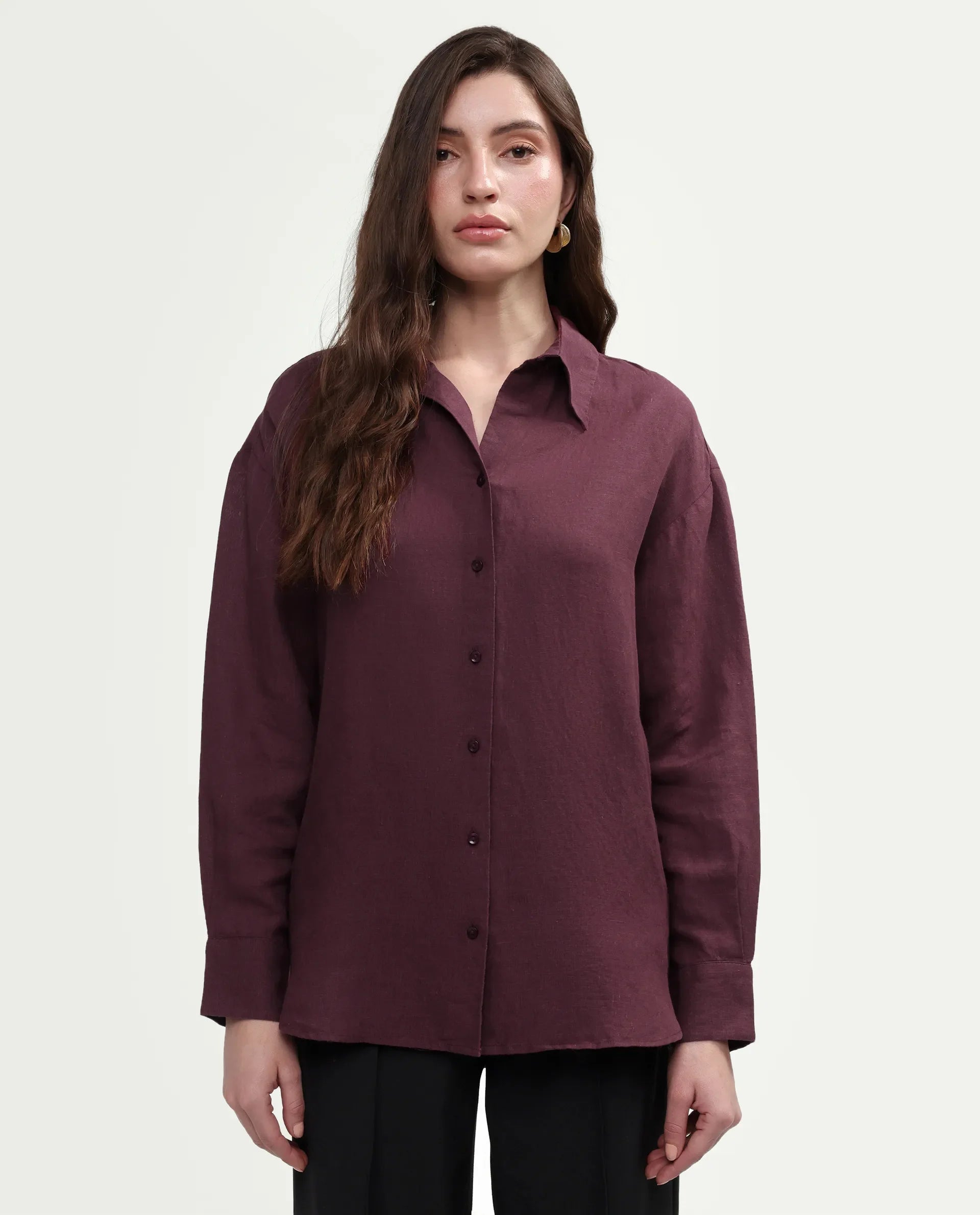Rareism Women's Uganda Maroon Linen Blend Spread Collar Regular Plain Shirt