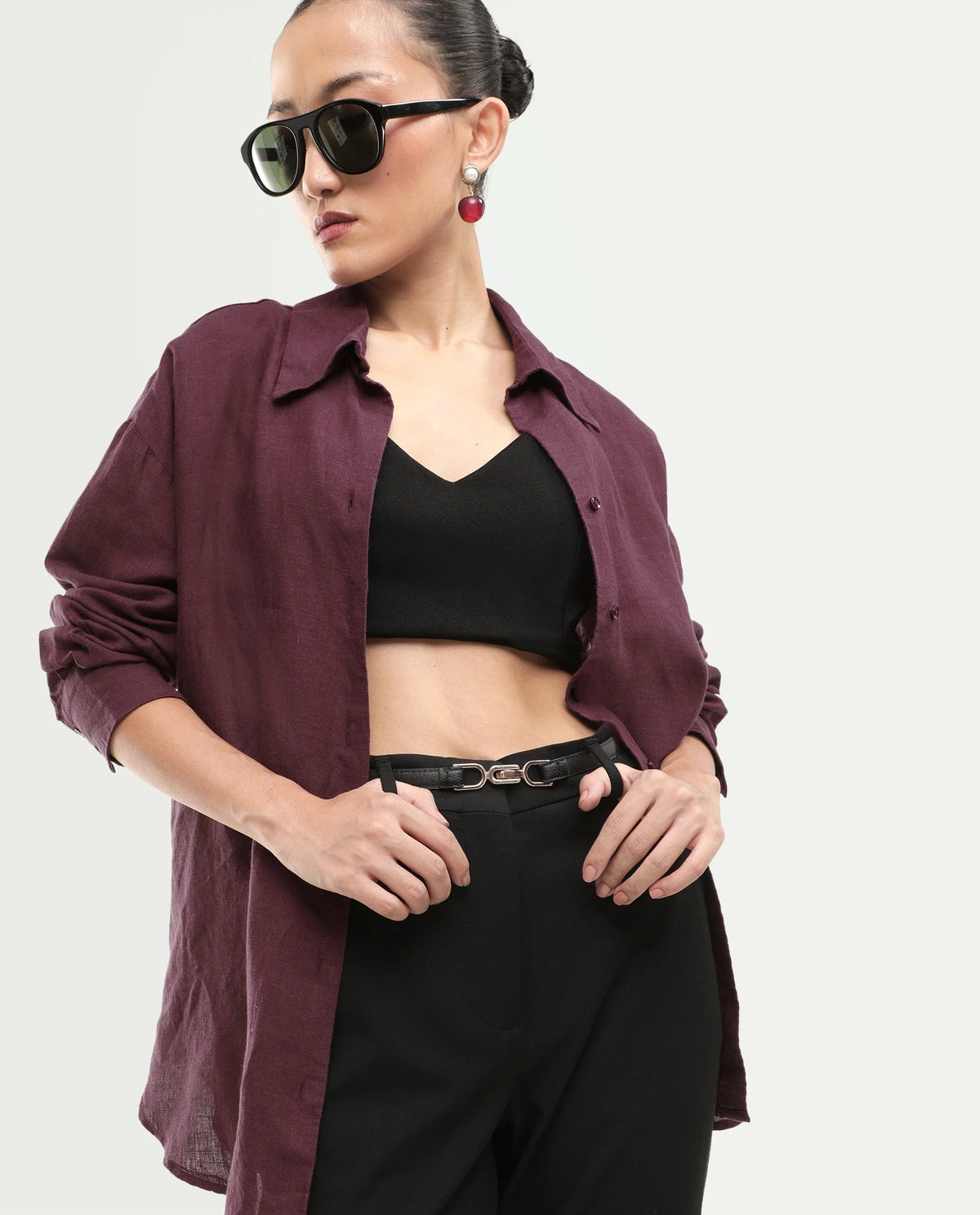 Rareism Women's Uganda Maroon Linen Spread Collar Regular Plain Shirt