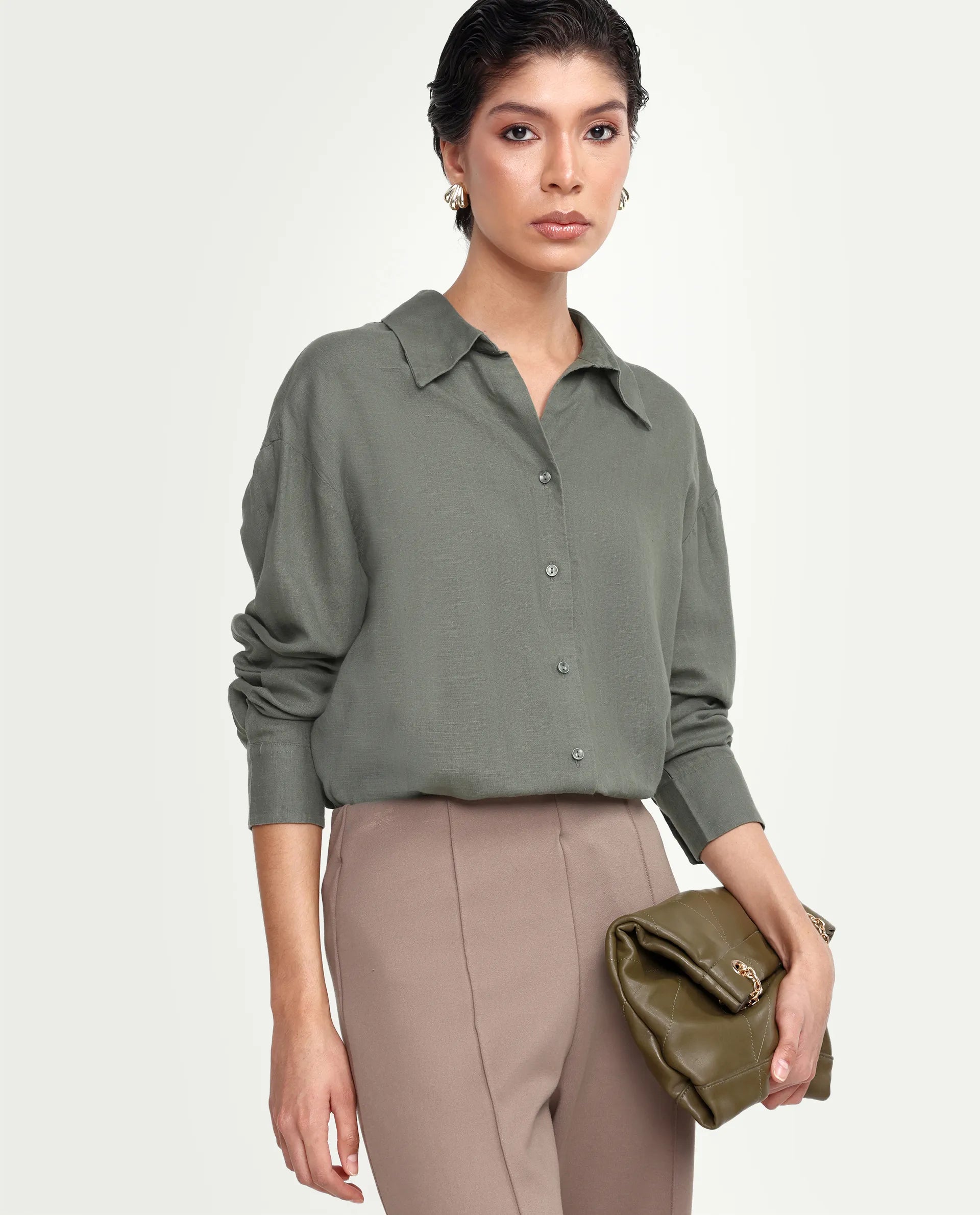 Rareism Women's Uganda Dusky Green Linen Blend Fabric Spread Collar Regular Plain Shirt