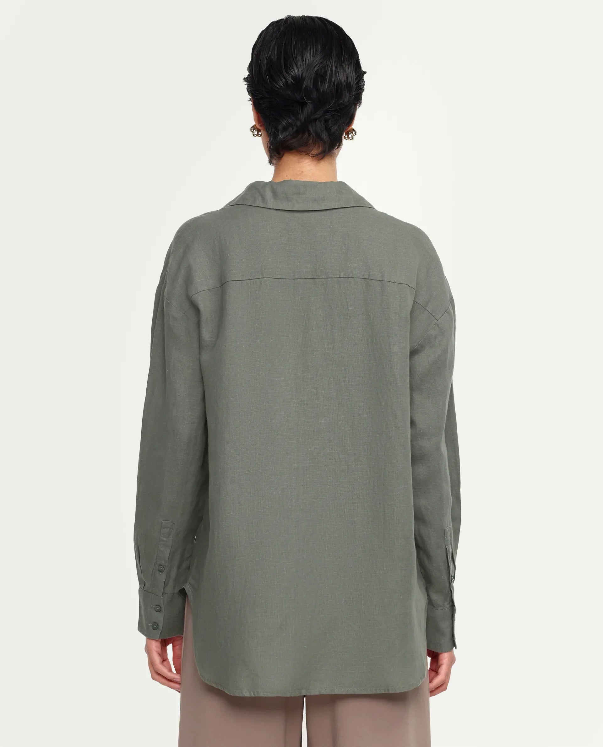 Rareism Women's Uganda Dusky Green Linen Blend Fabric Spread Collar Regular Plain Shirt