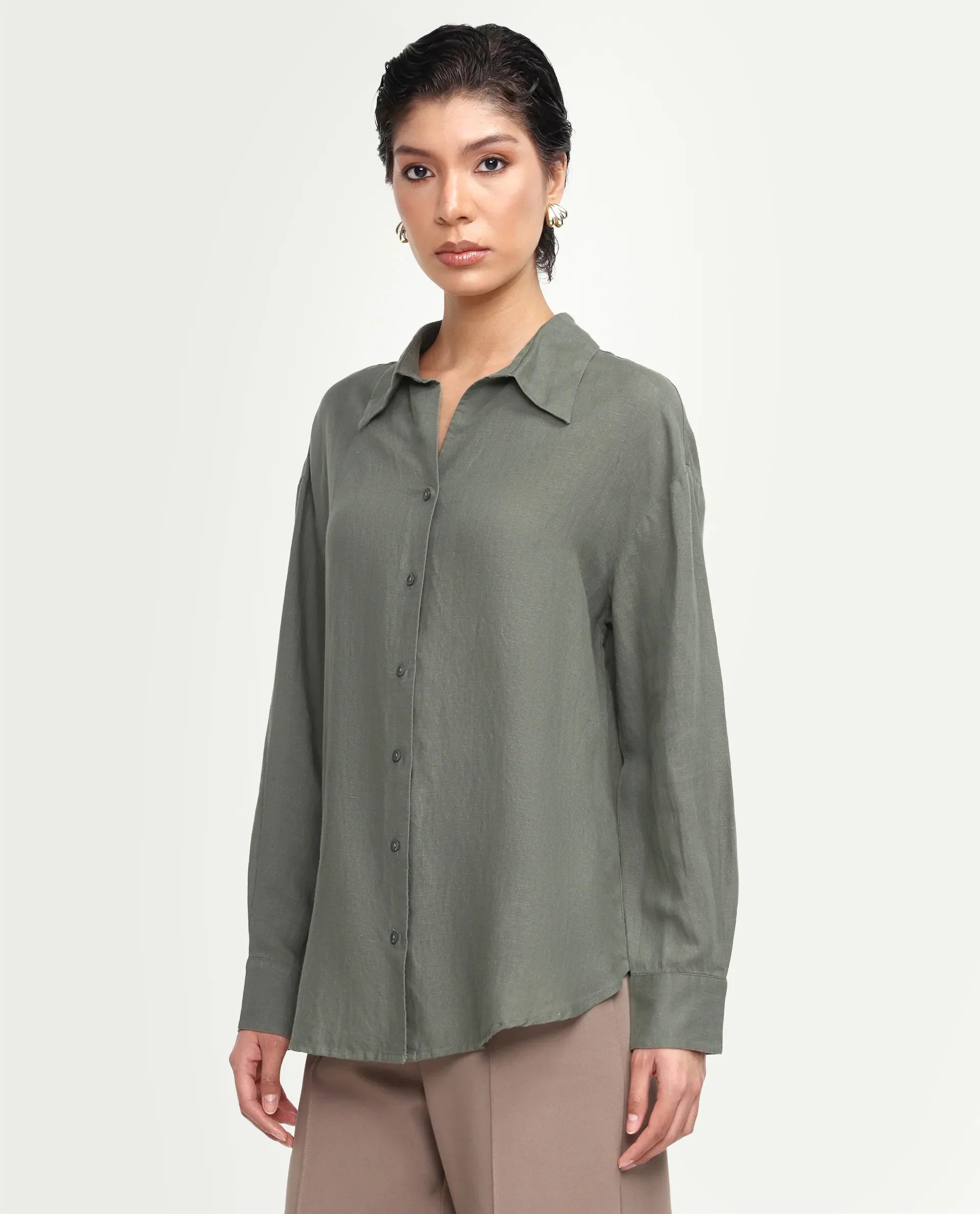 Rareism Women's Uganda Dusky Green Linen Blend Fabric Spread Collar Regular Plain Shirt