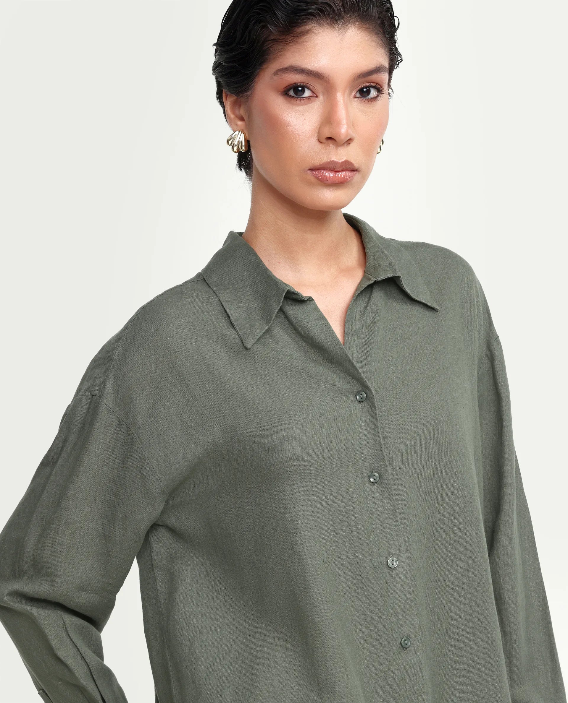 Rareism Women's Uganda Dusky Green Linen Blend Fabric Spread Collar Regular Plain Shirt