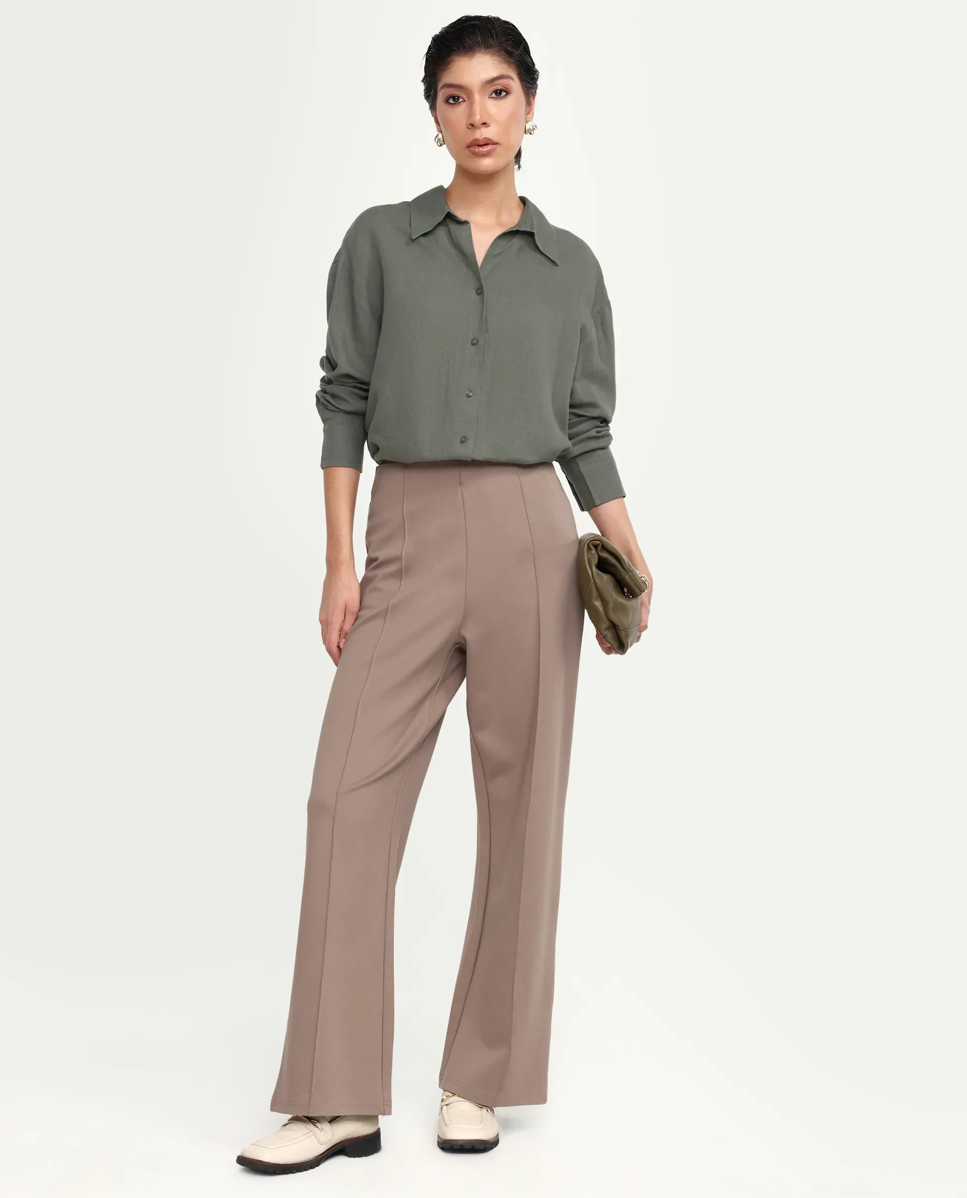 Rareism Women's Uganda Dusky Green Linen Blend Fabric Spread Collar Regular Plain Shirt