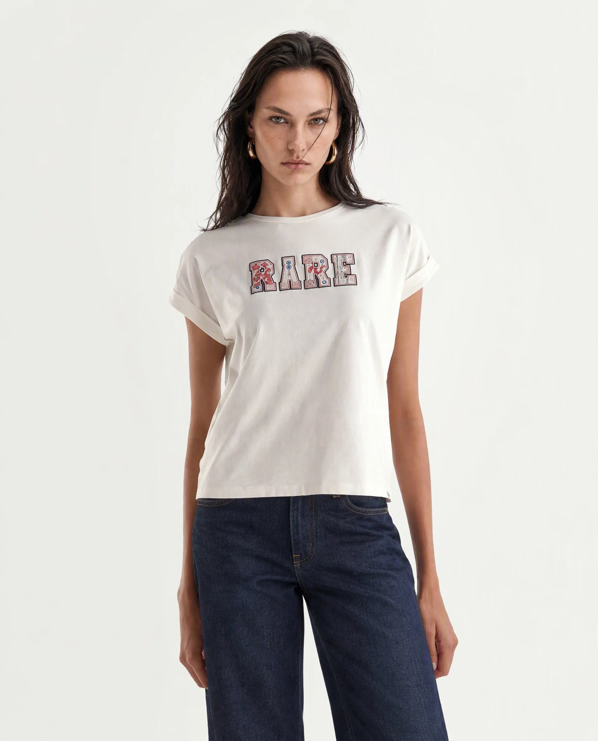 Rareism Women's Majo Off White Cotton Blend Fabric Crew Neck Relaxed Typography Print T-Shirt