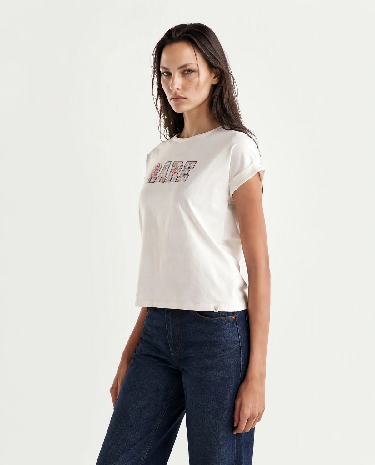 Rareism Women's Majo Off White Cotton Blend Fabric Crew Neck Relaxed Typography Print T-Shirt