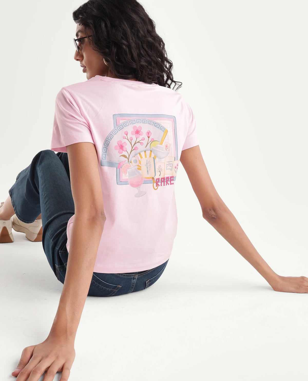 Rareism Women's Majon Light Pink Cotton Blend Fabric Crew Neck Regular Digital Print T-Shirt