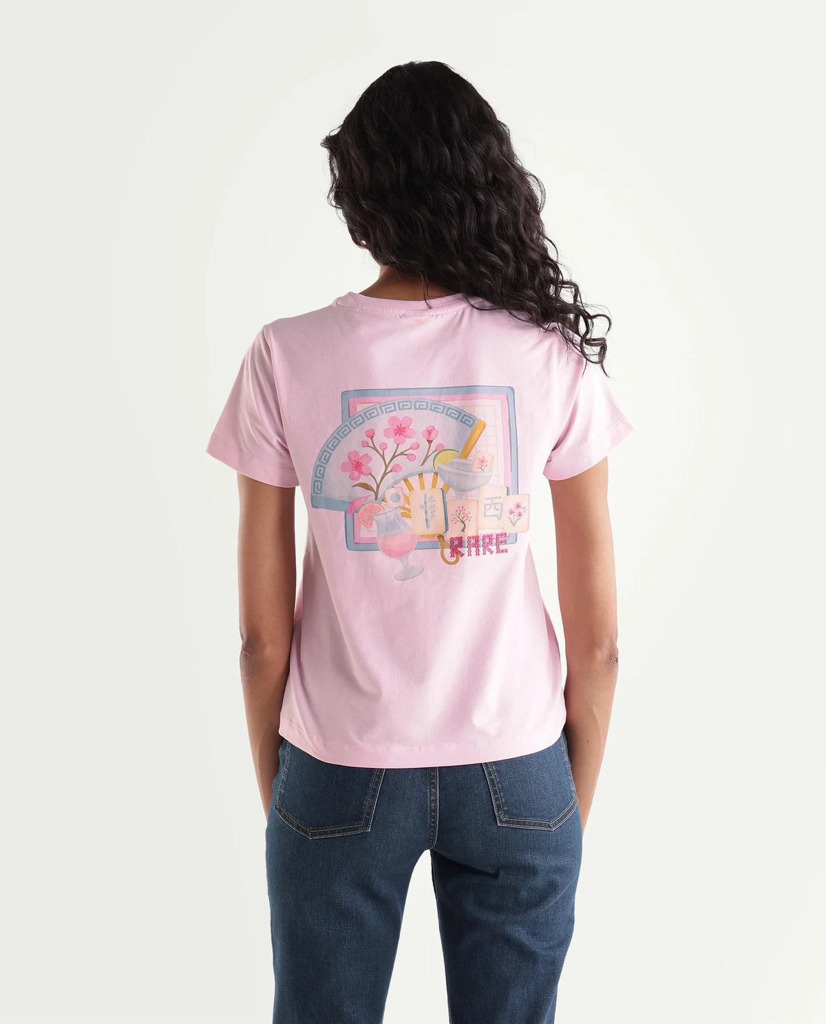 Rareism Women's Majon Light Pink Cotton Blend Fabric Crew Neck Regular Digital Print T-Shirt